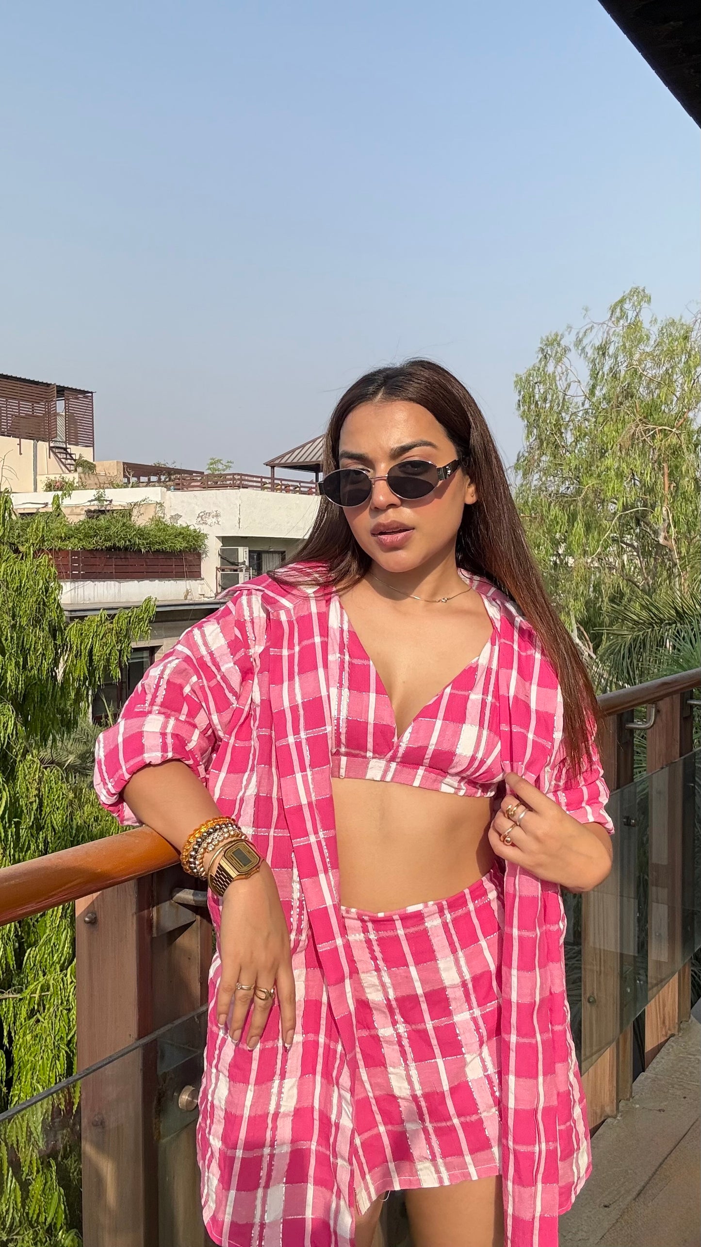 Pink Plaid Three Piece Beach Set