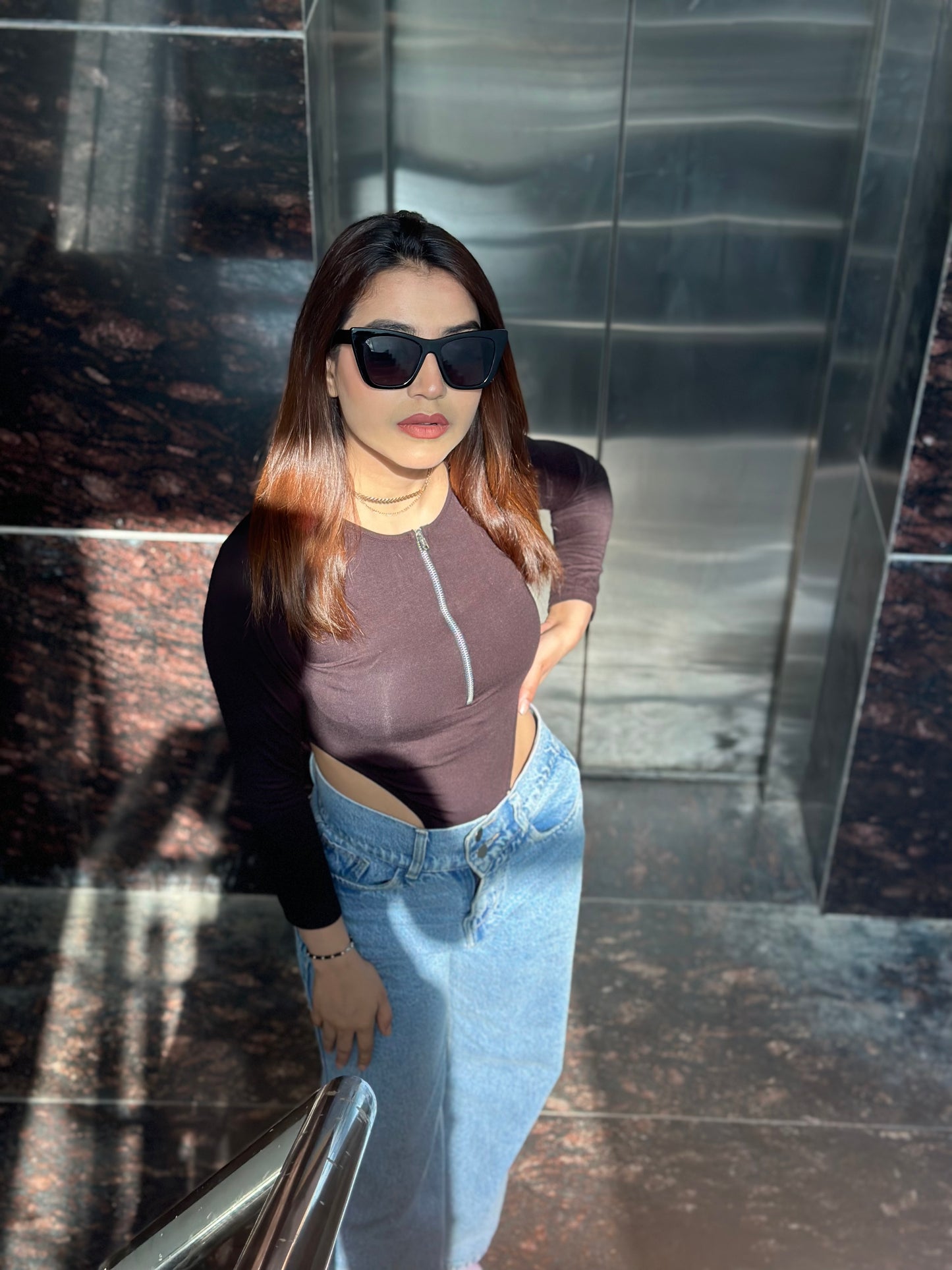 StyleAsh Front Zipper Cut-Out Bodysuit
