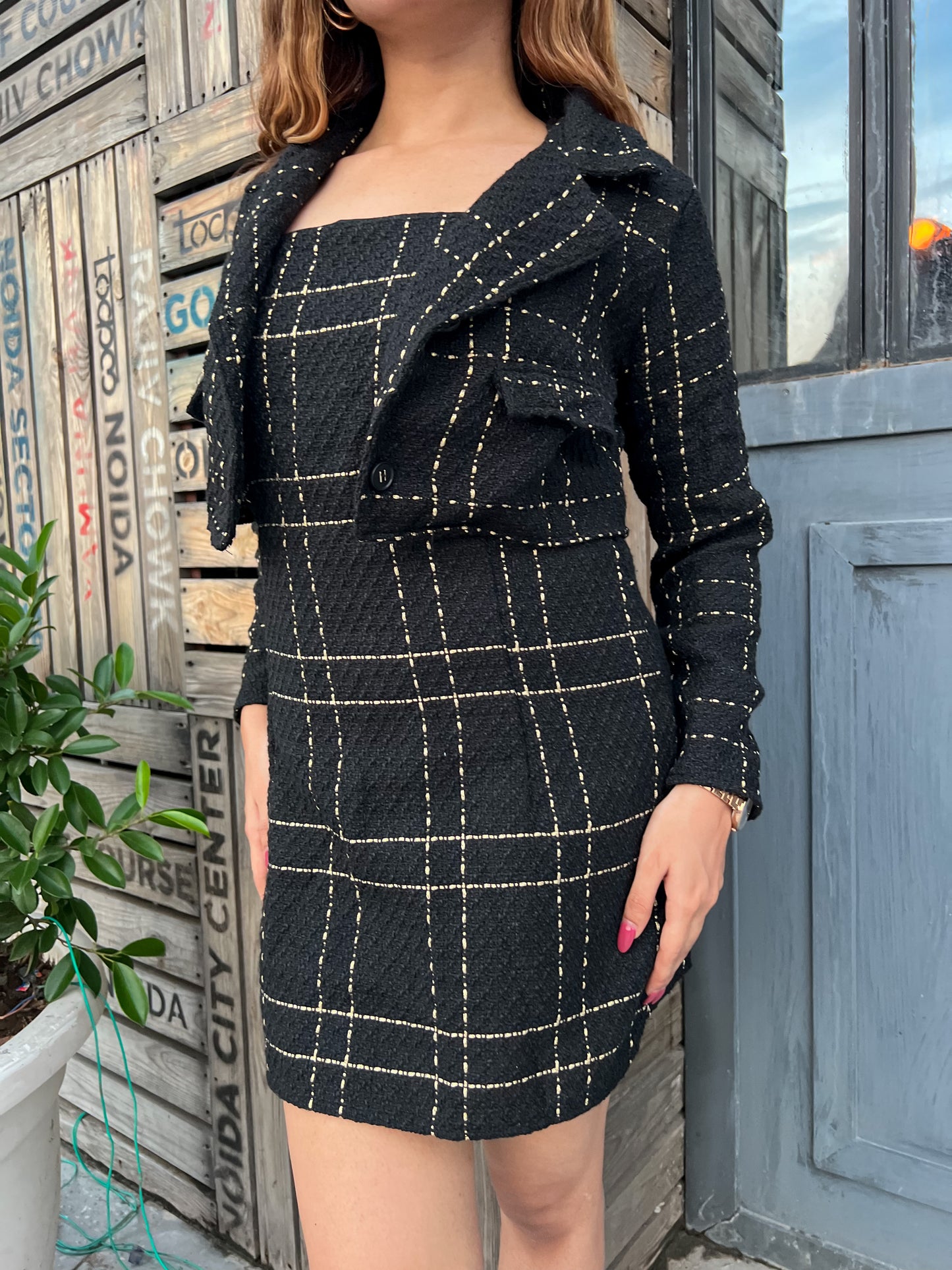 Black Tweed Dress With Blazer Set
