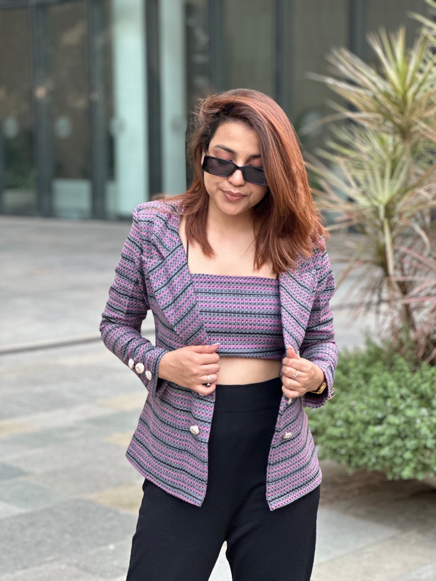 Tweed Open Blazer With Backless Top