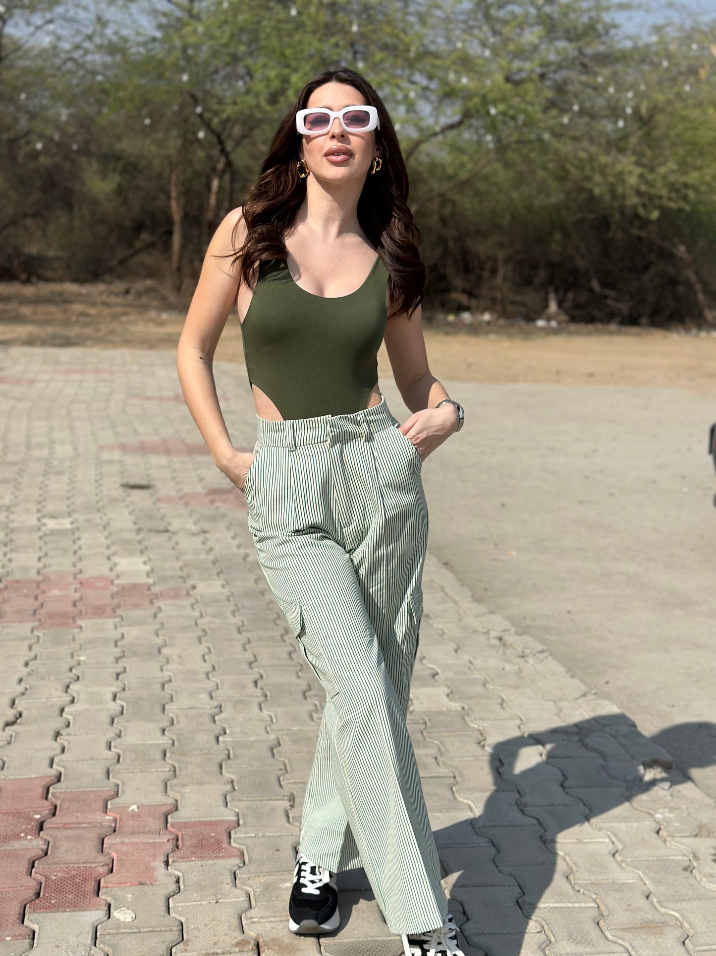 Striped Cargo Pants With Green Bodysuit
