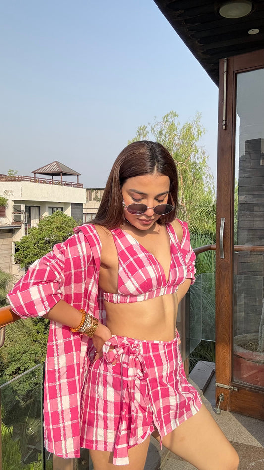Pink Plaid Three Piece Beach Set