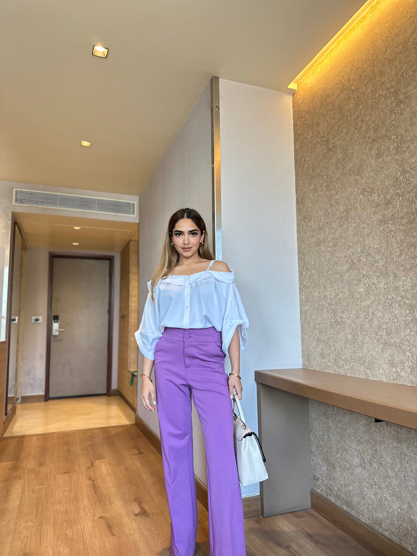 Set Of Off-Shoulder Shirt With Lilac Pants