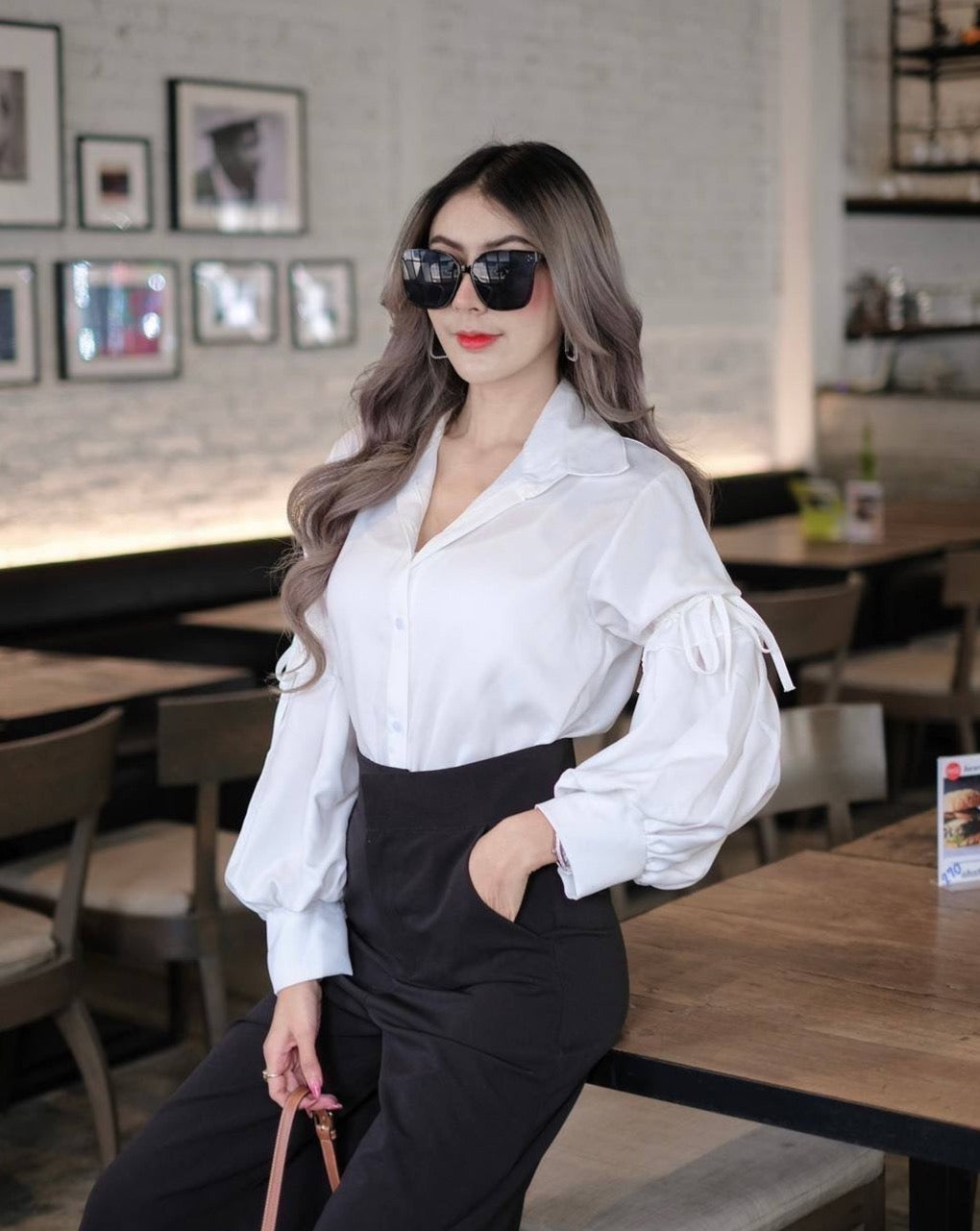 StyleAsh White Tie Sleeve Shirt