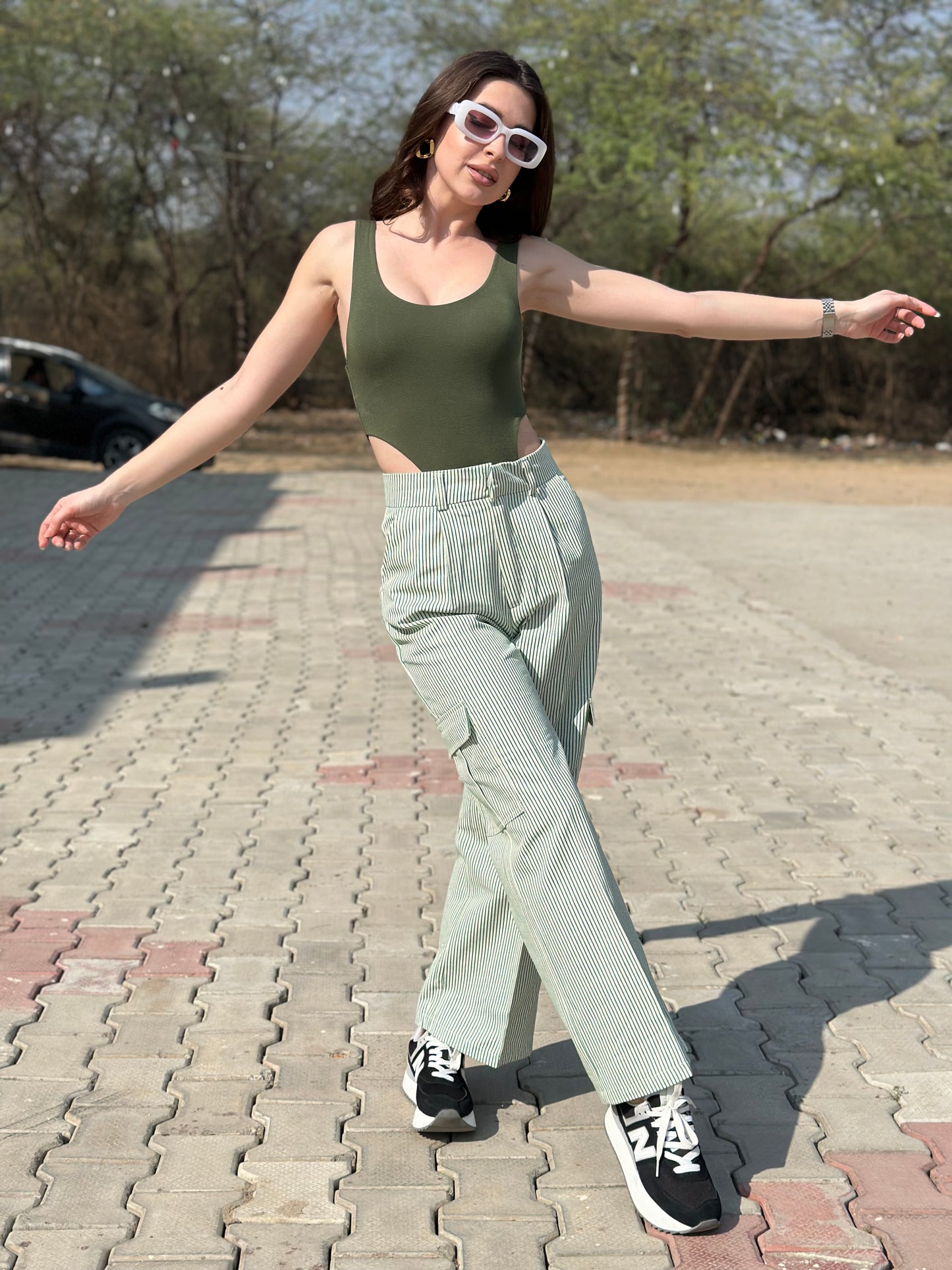 Striped Cargo Pants With Green Bodysuit