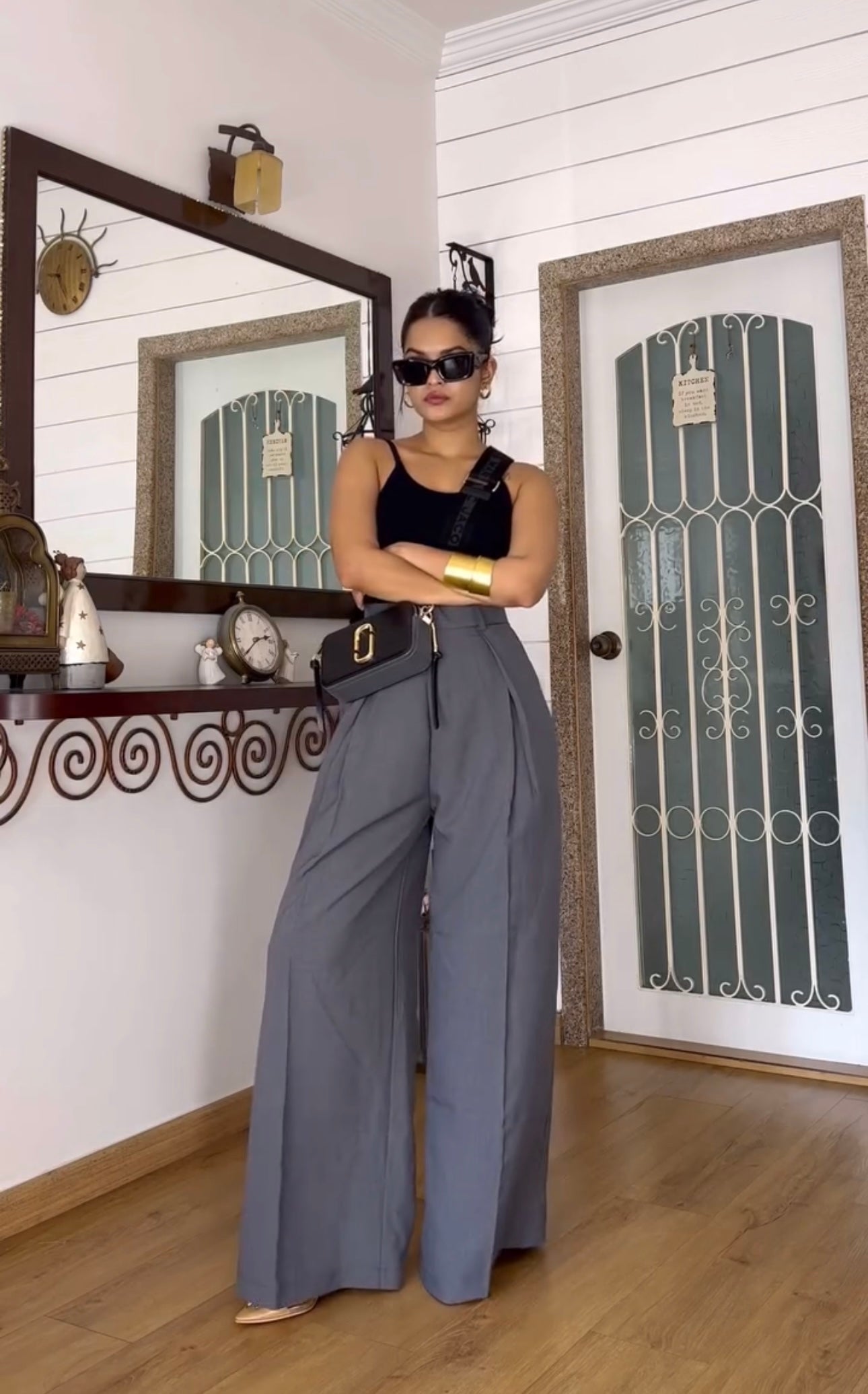 Dated Grey Baggy Pants With Back Show Bodysuit