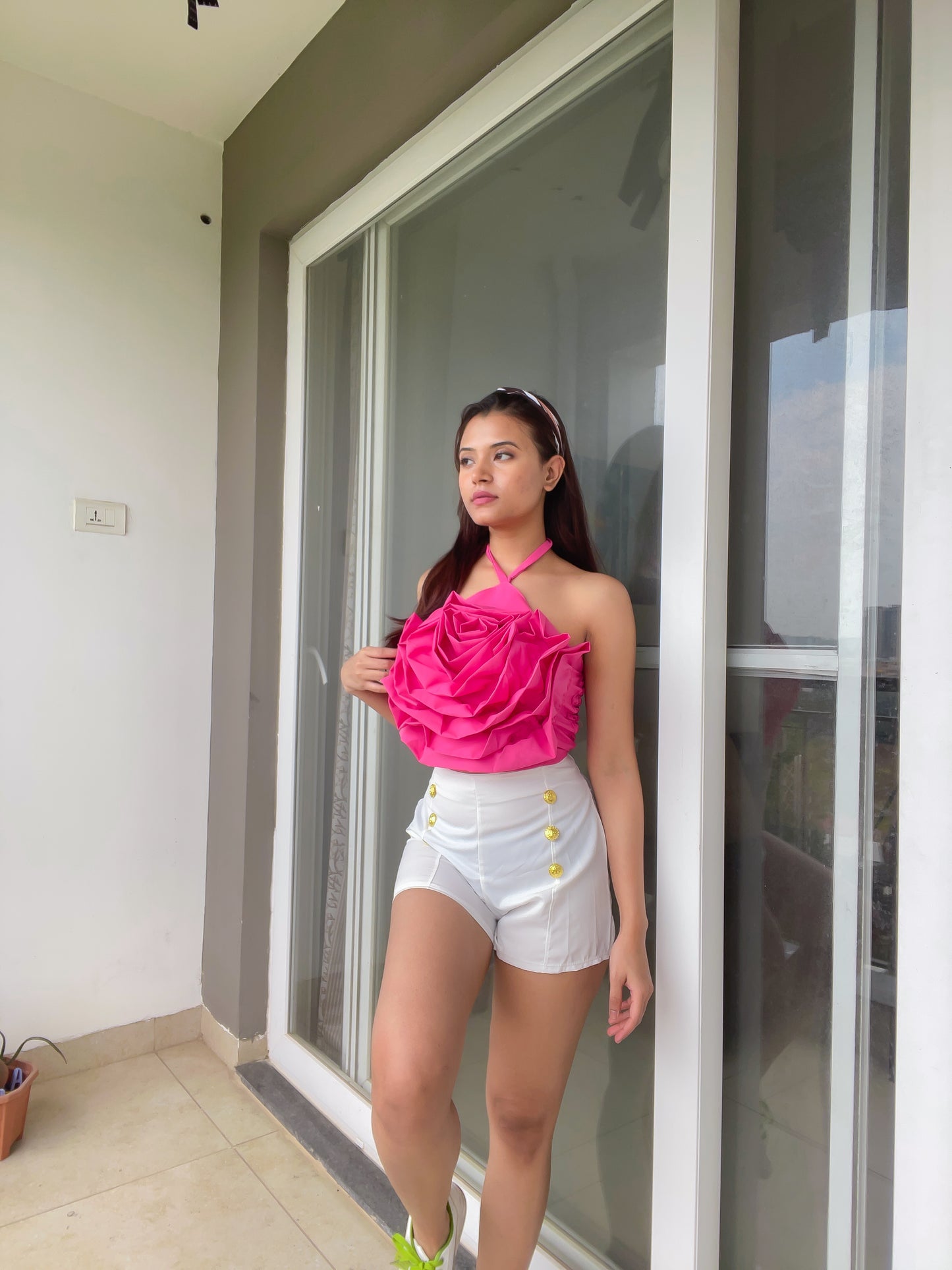 Combo Deal: Pink Rose Halter Neck Top With White Shorts