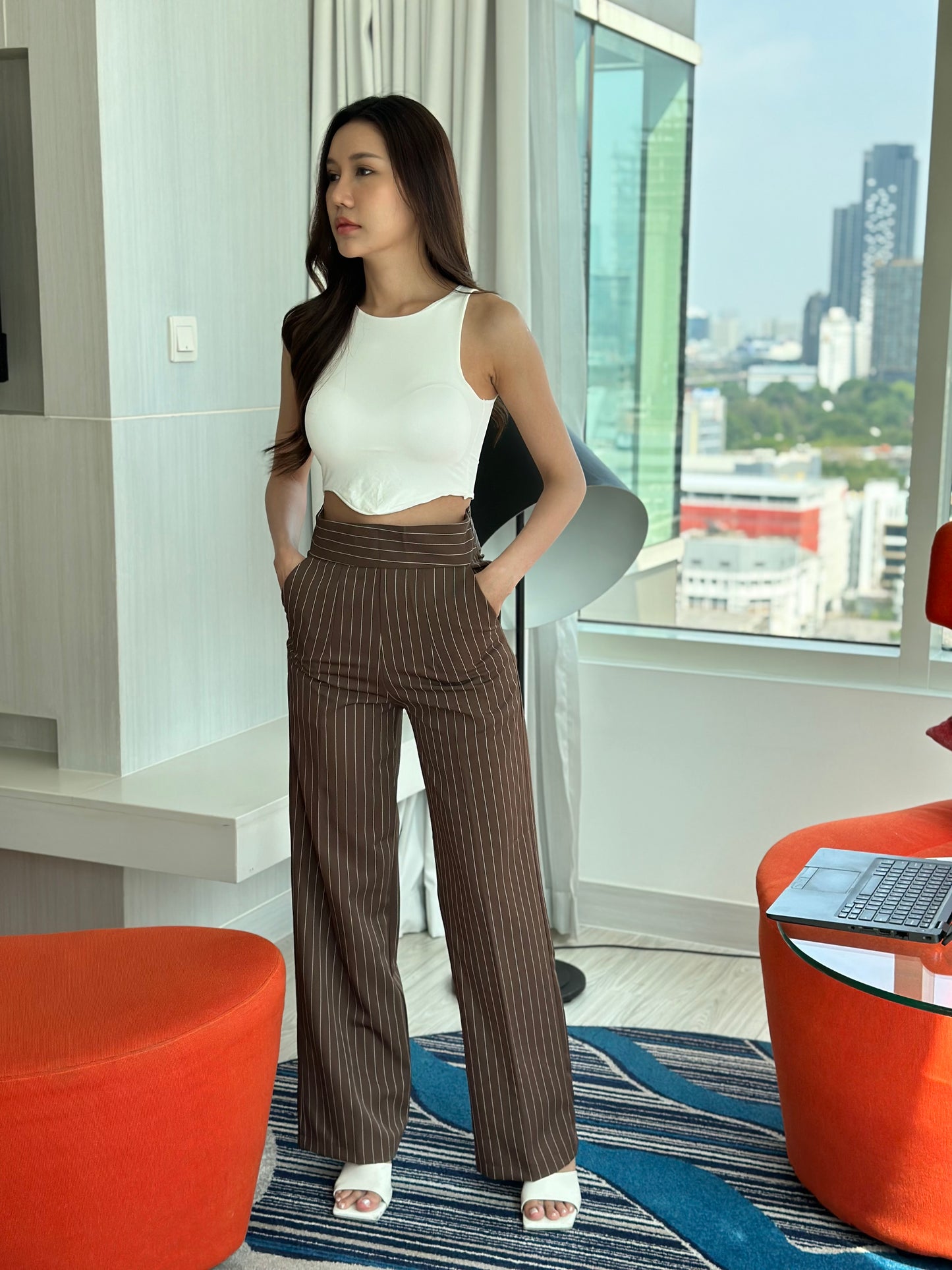 Brown Pinstripe Side Zipper Pants