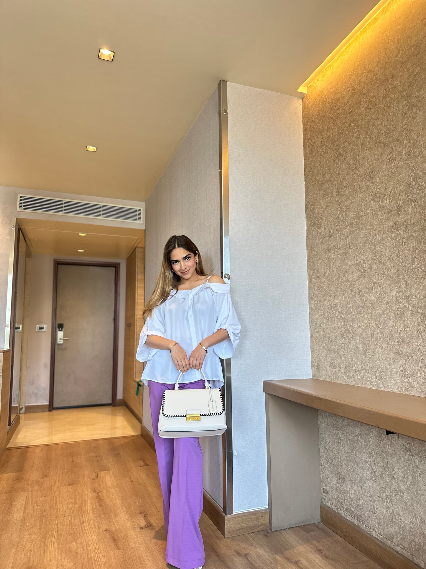 Set Of Off-Shoulder Shirt With Lilac Pants