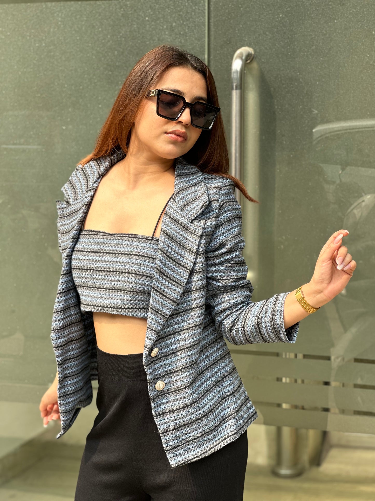 Tweed Open Blazer With Backless Top