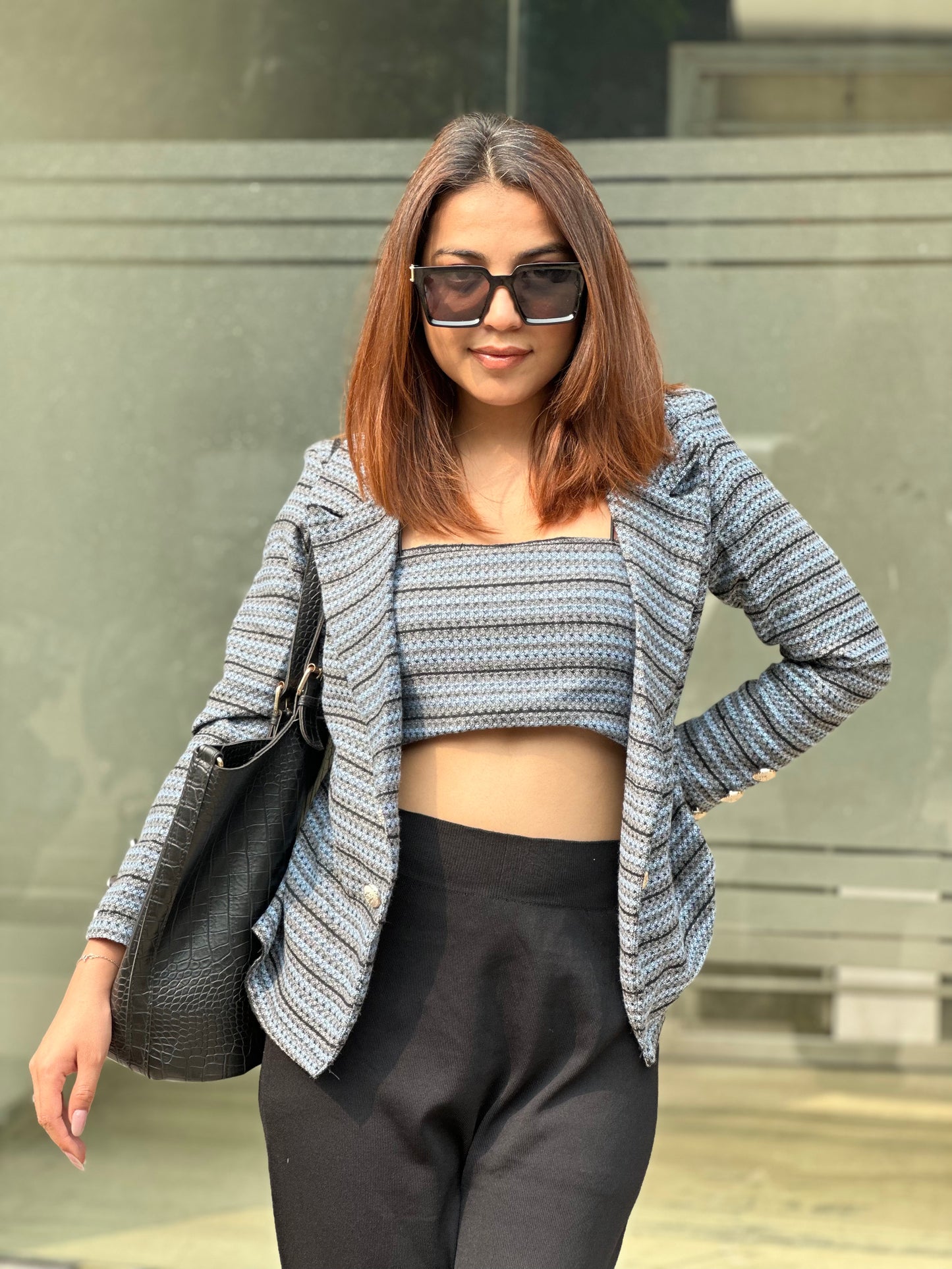 Tweed Open Blazer With Backless Top