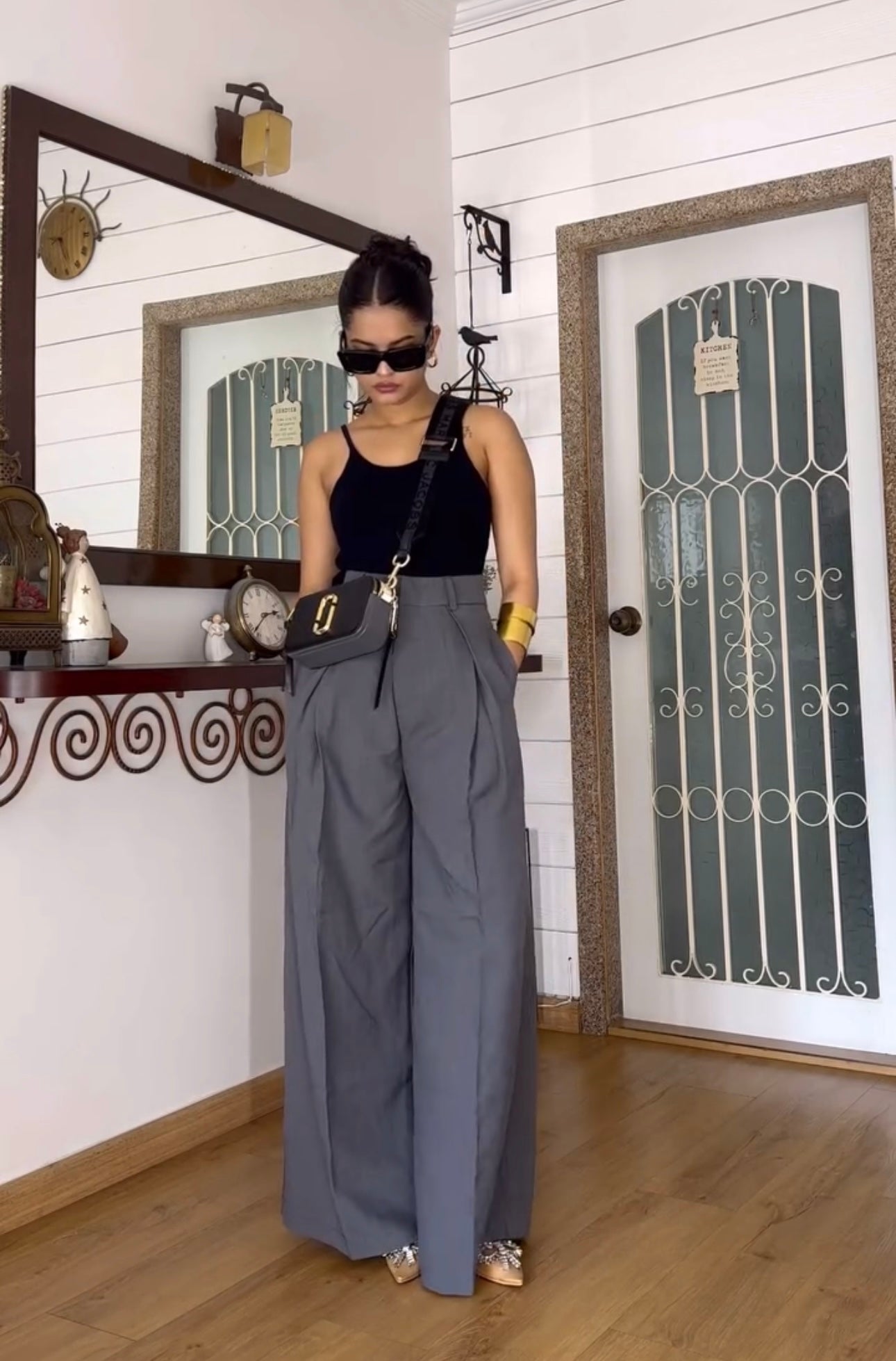 Dated Grey Baggy Pants With Back Show Bodysuit
