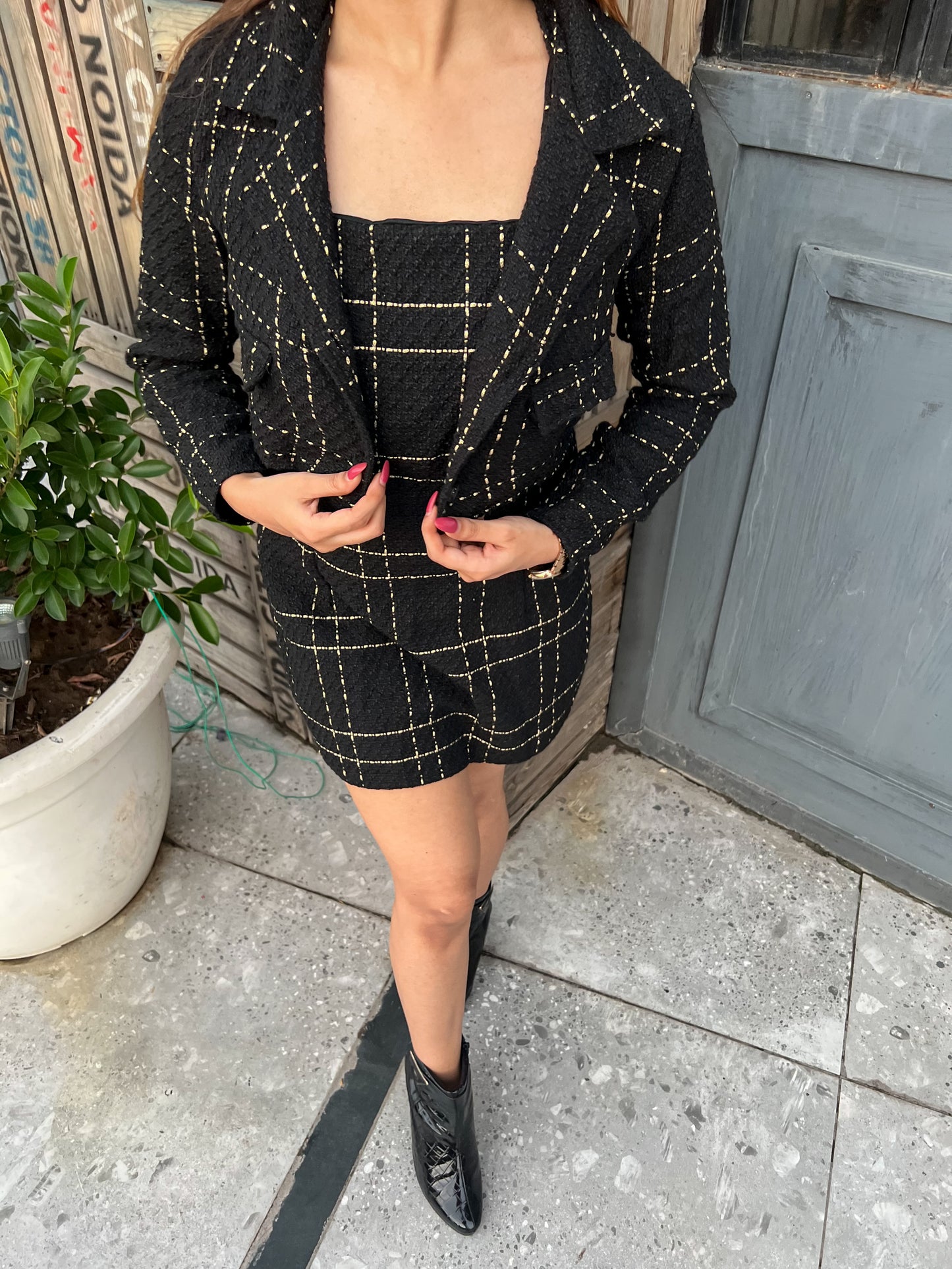 Black Tweed Dress With Blazer Set