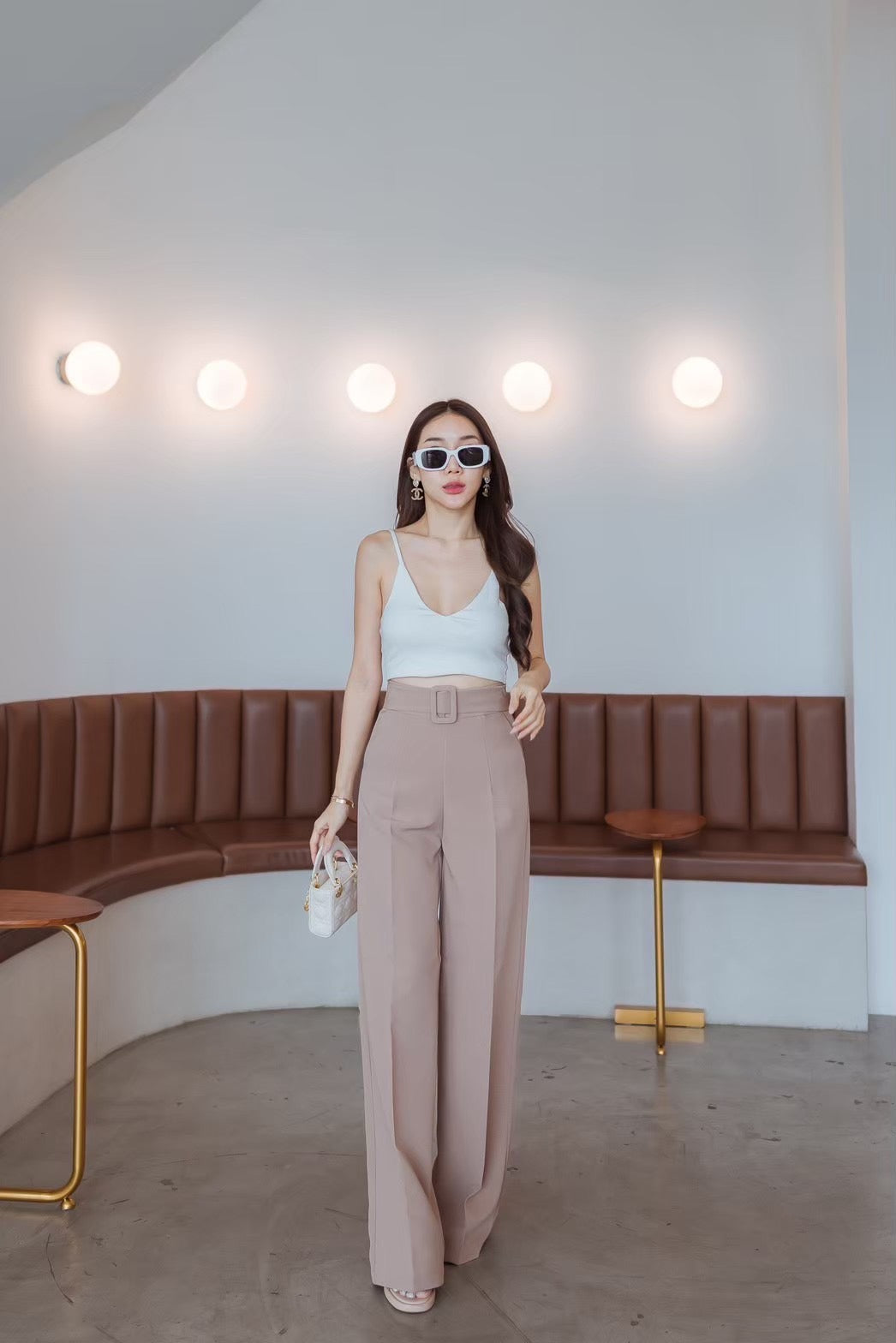 Wide Leg Belt Attached High Waist Pants