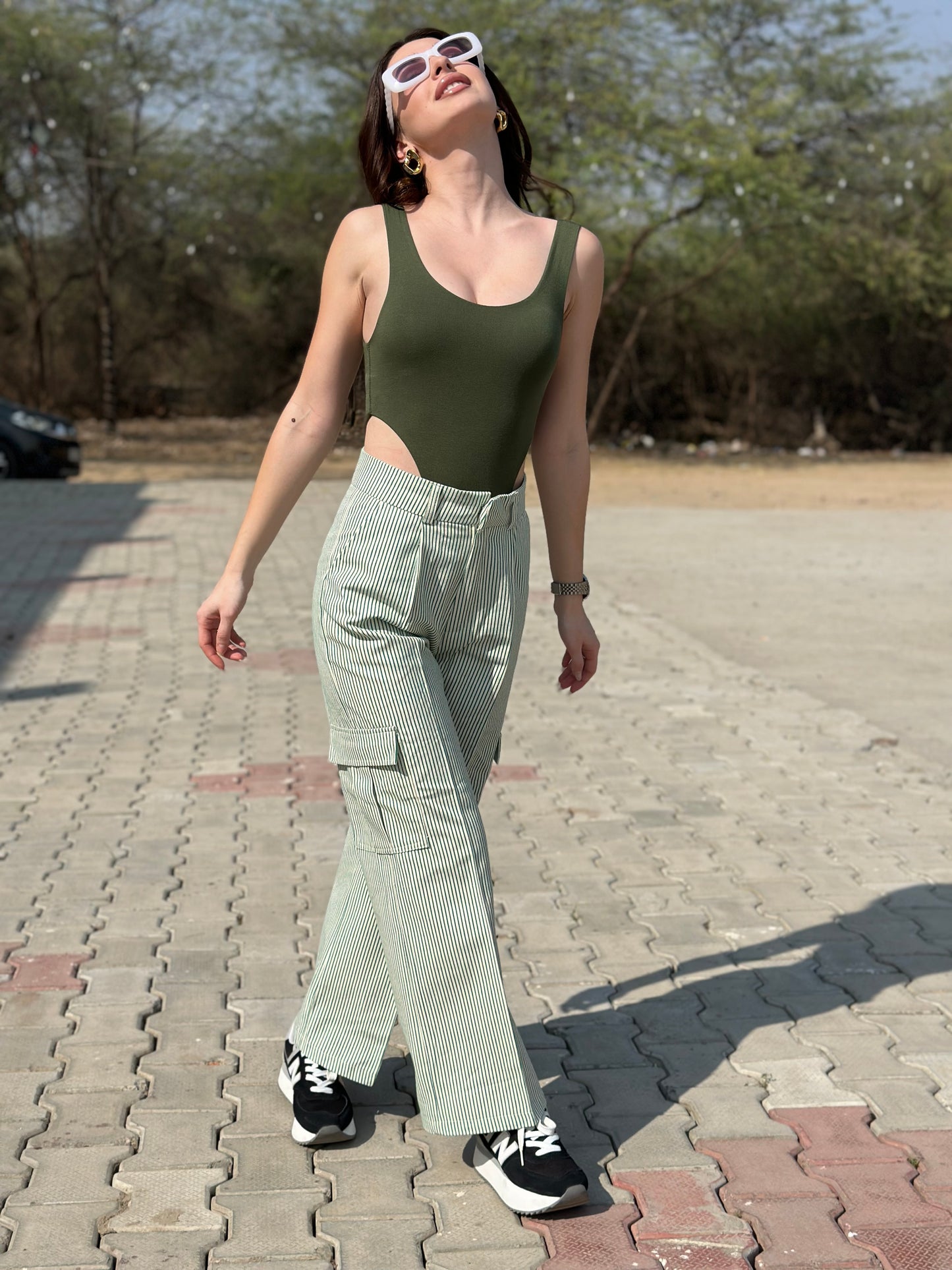 Striped Cargo Pants With Green Bodysuit