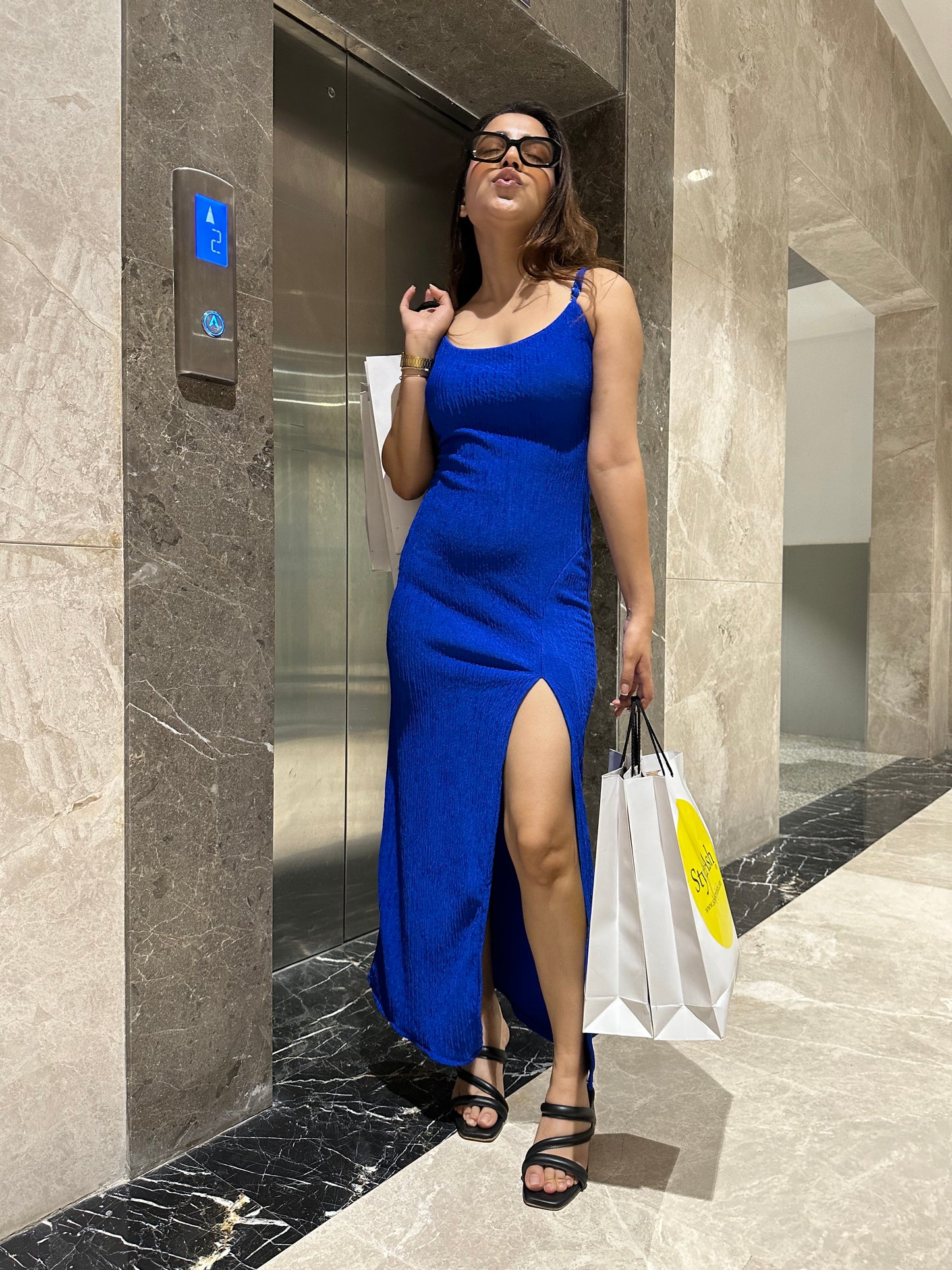 Crinkle Padded Slit Gown Dress