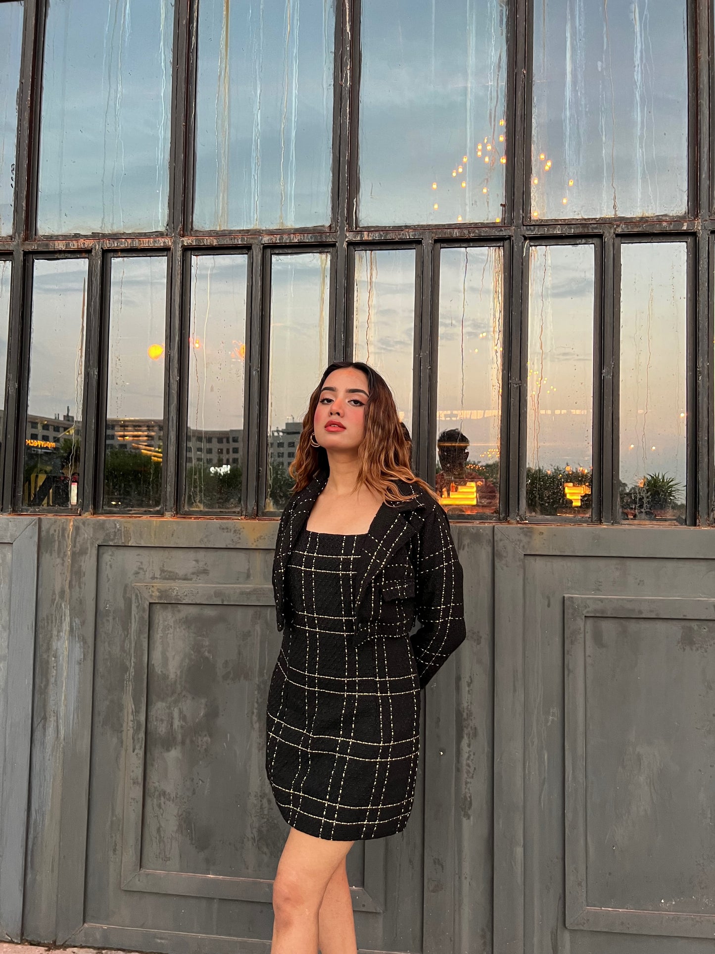 Black Tweed Dress With Blazer Set