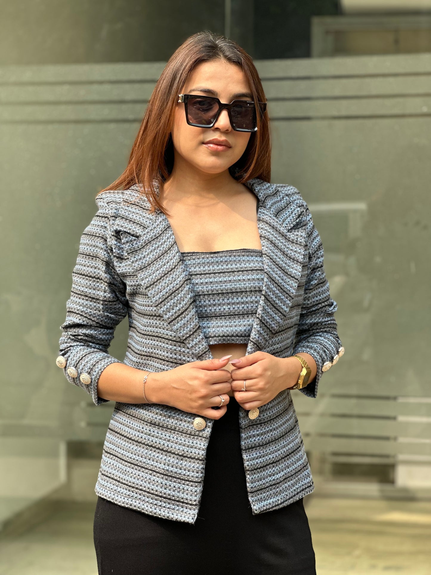 Tweed Open Blazer With Backless Top