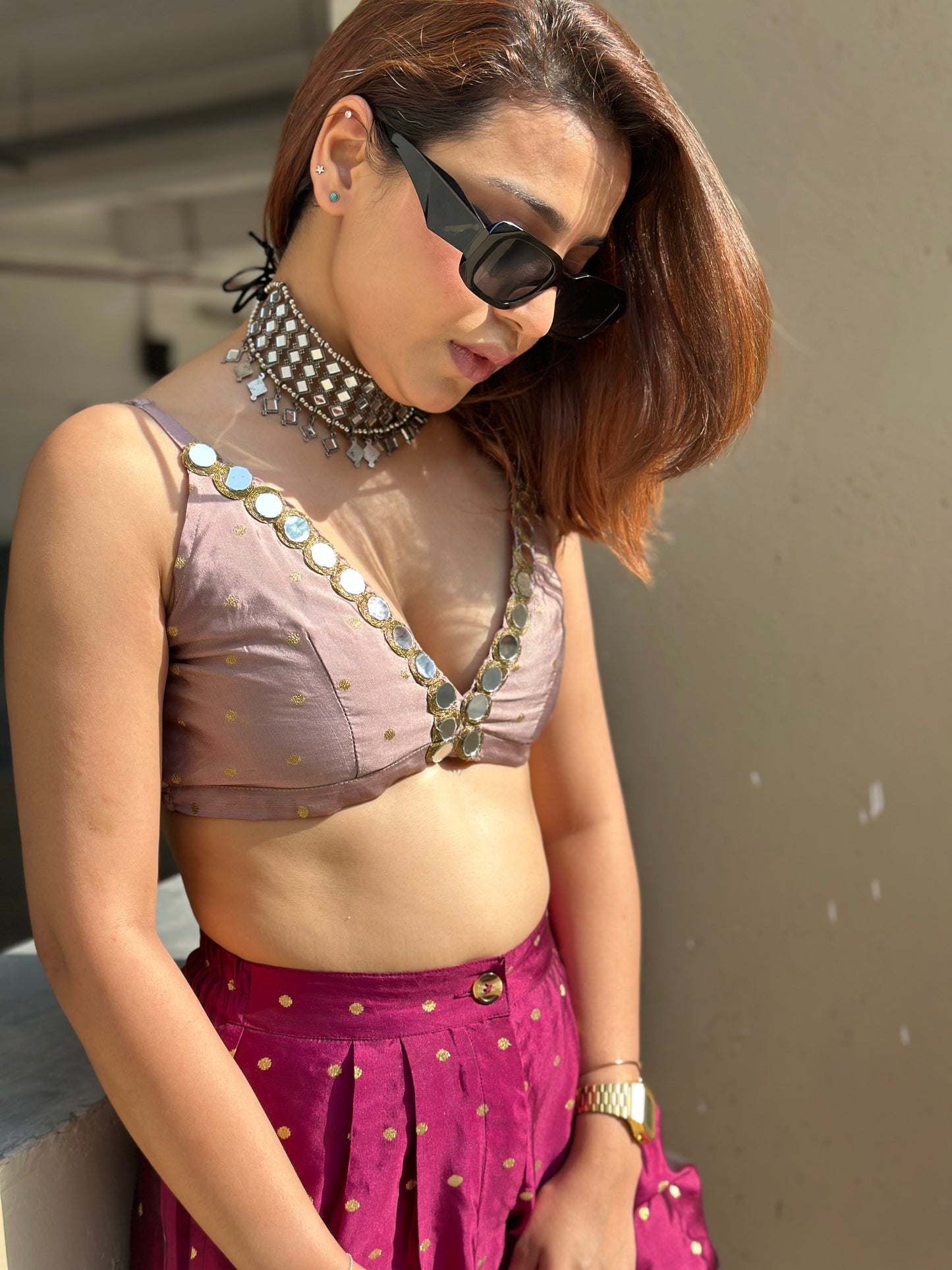 Mirror Lace Deep Neck Crop Top