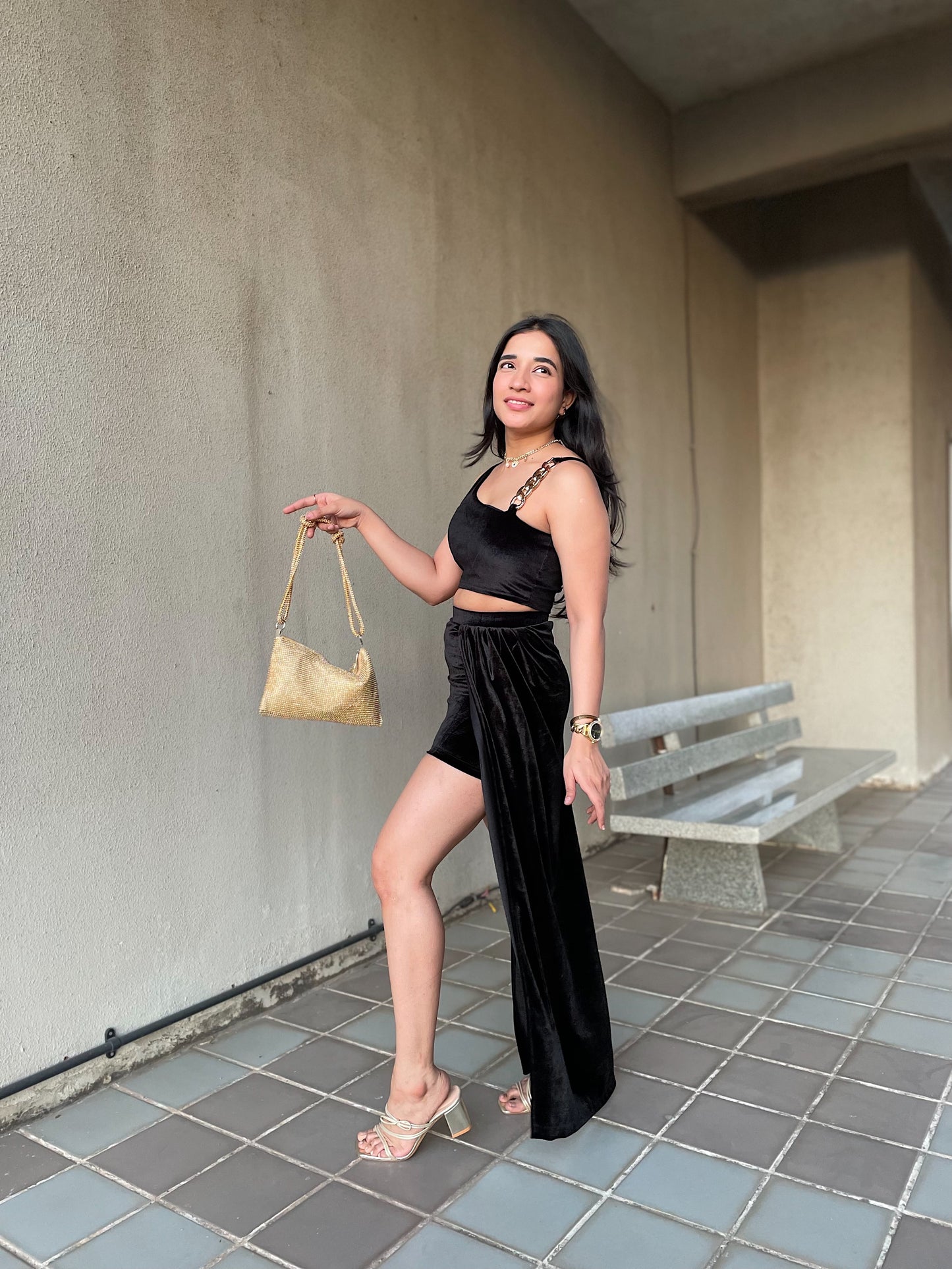 Combo Deal: Velvet Padded Top With Drape Skirt
