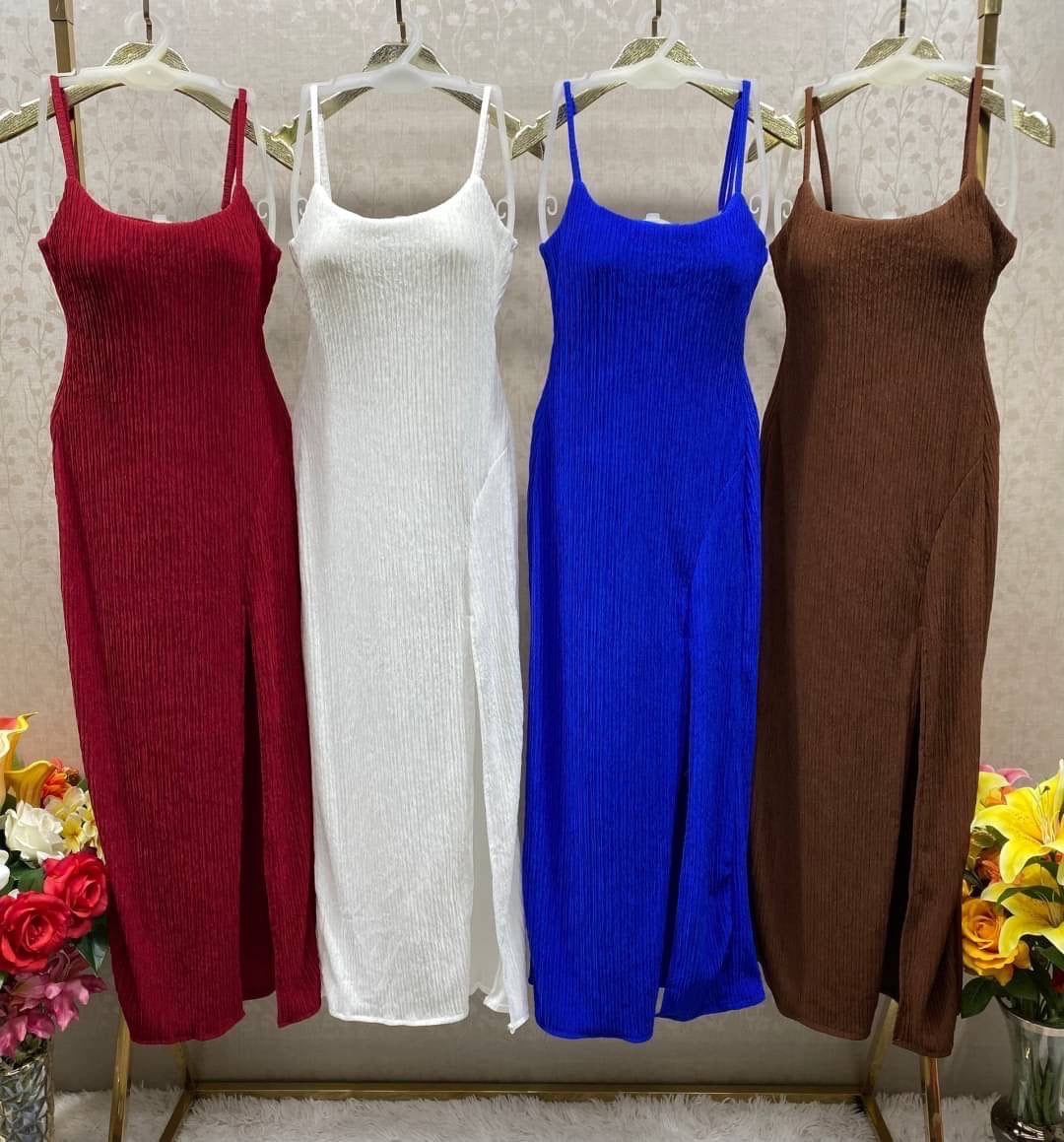 Crinkle Padded Slit Gown Dress