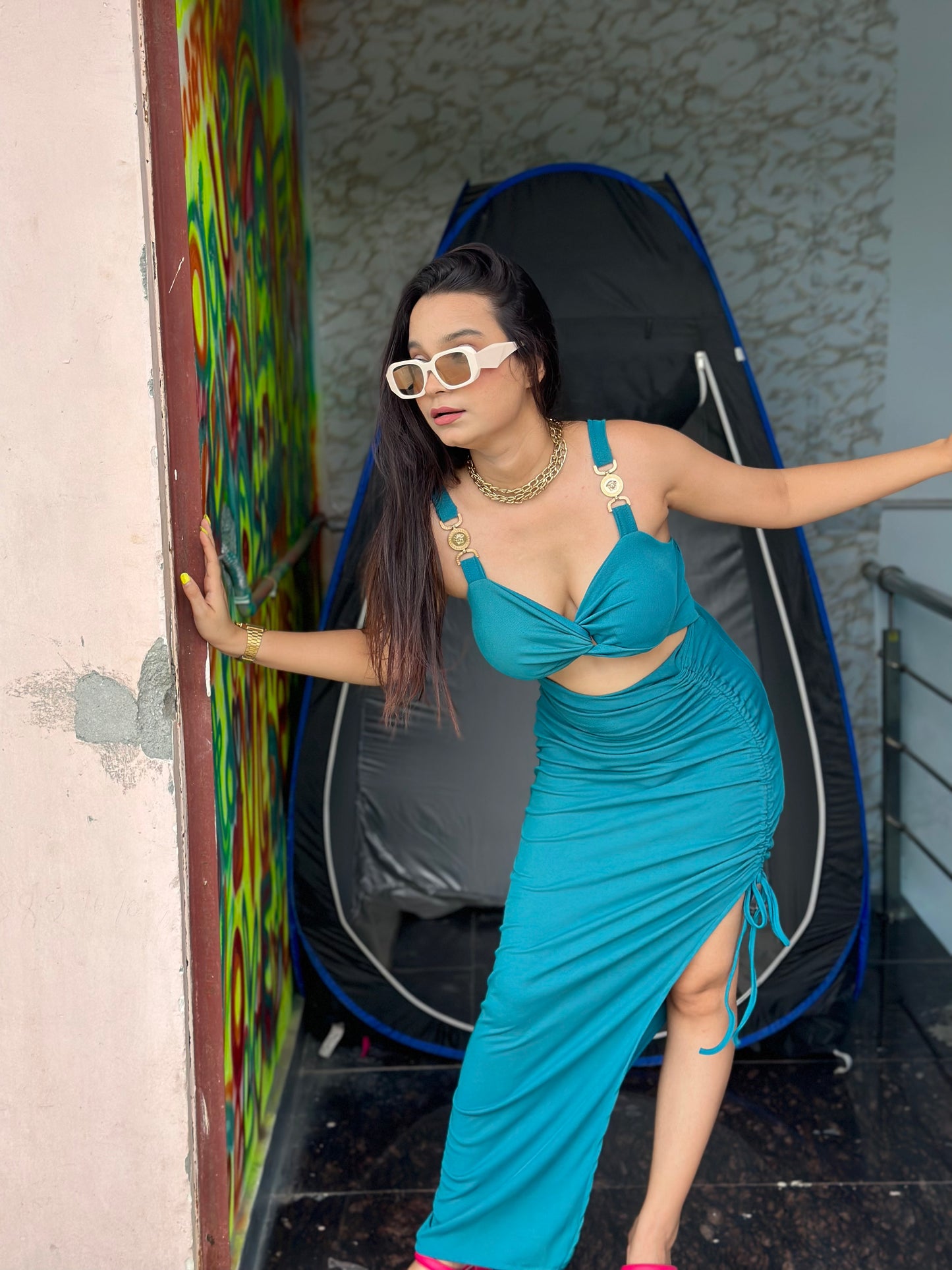 Padded Drawstring Gown Dress