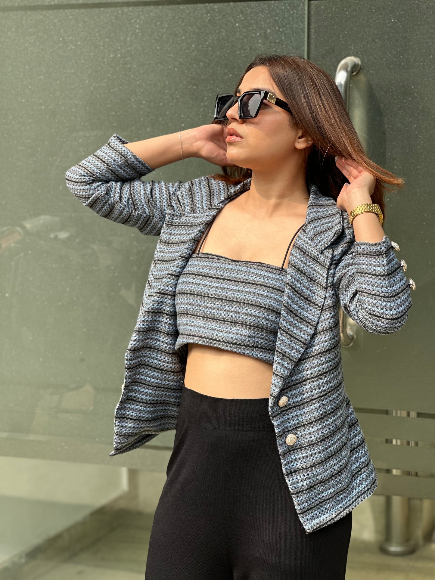 Tweed Open Blazer With Backless Top