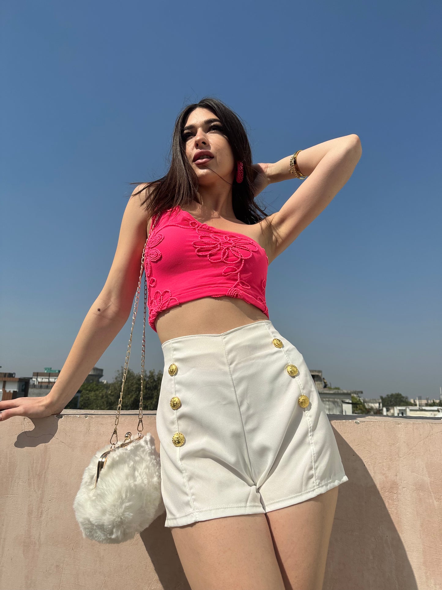 Combo Deal: Pink One Side Off Top With Button Detail Shorts