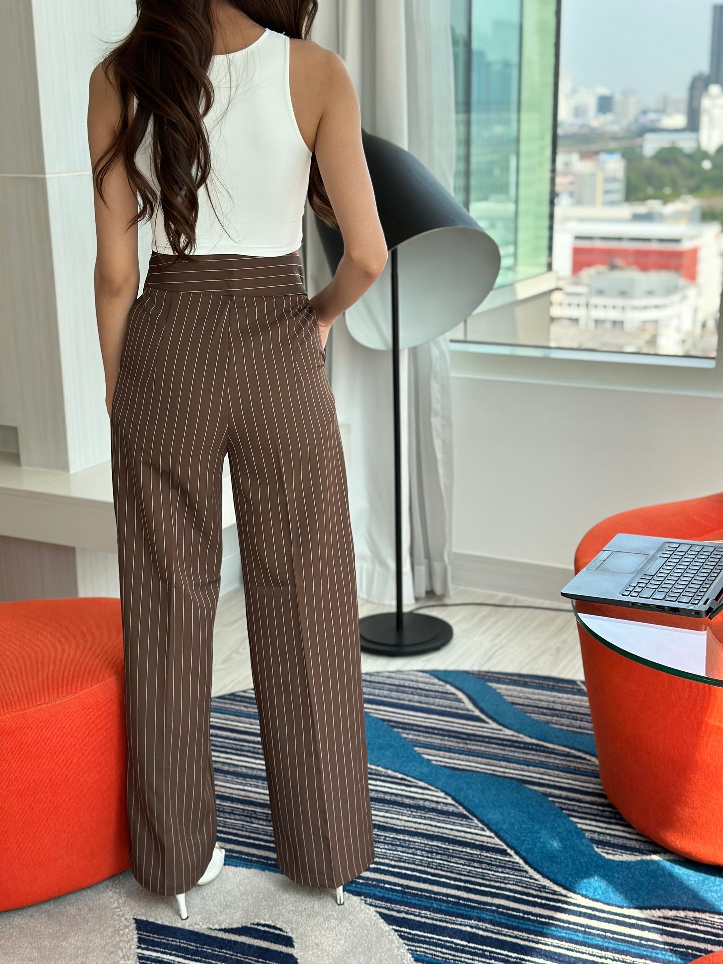 Brown Pinstripe Side Zipper Pants