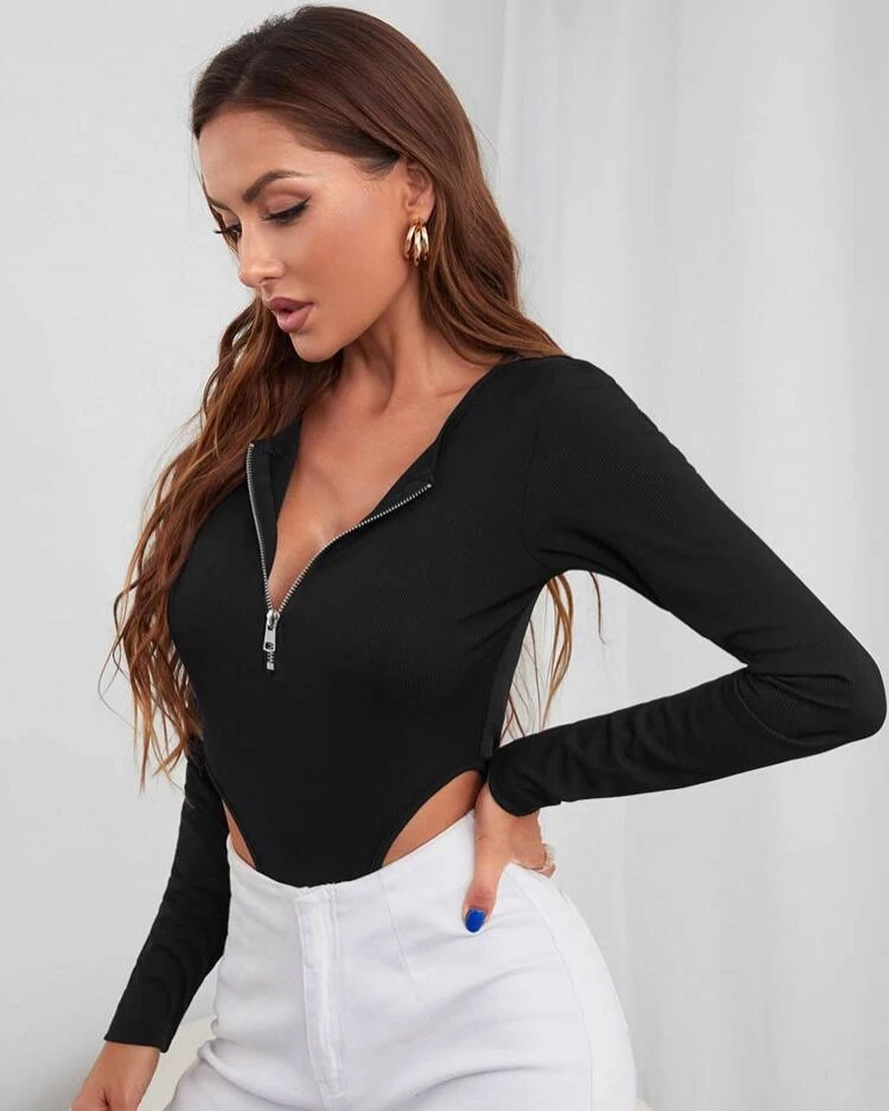 StyleAsh Front Zipper Cut-Out Bodysuit