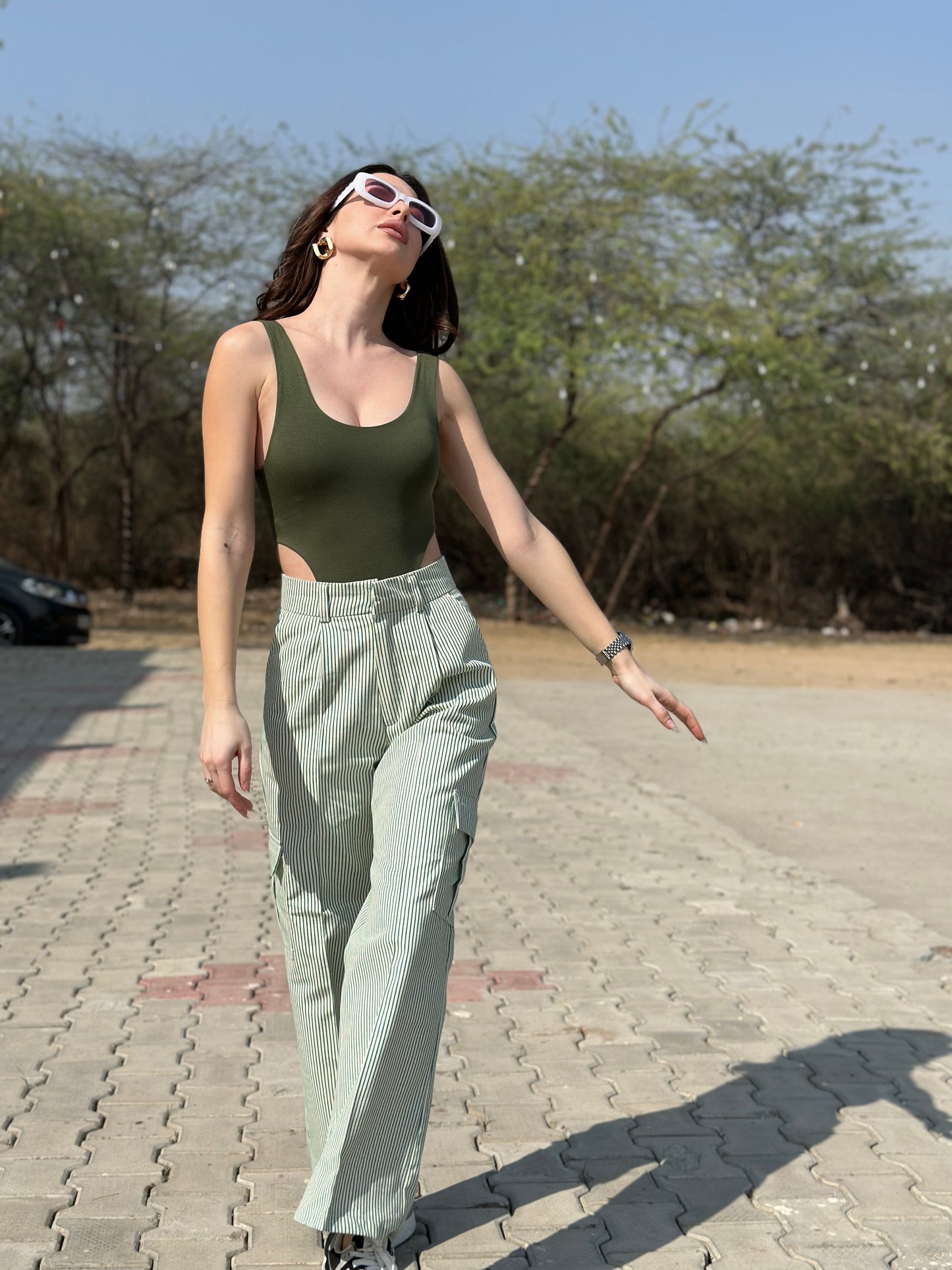 Striped Cargo Pants With Green Bodysuit