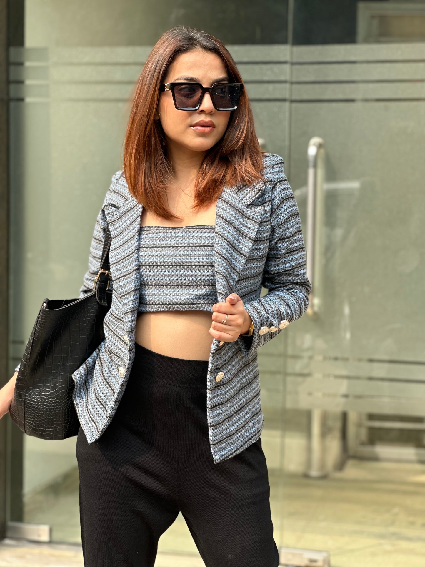 Tweed Open Blazer With Backless Top