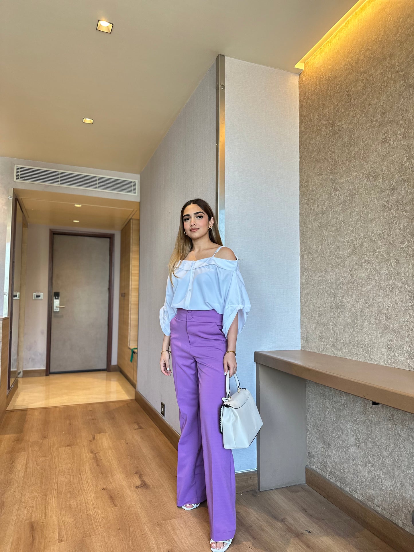 Set Of Off-Shoulder Shirt With Lilac Pants