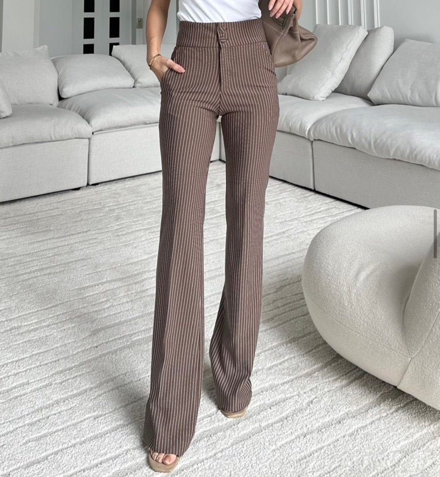 Striped Double Button Stretch Pants
