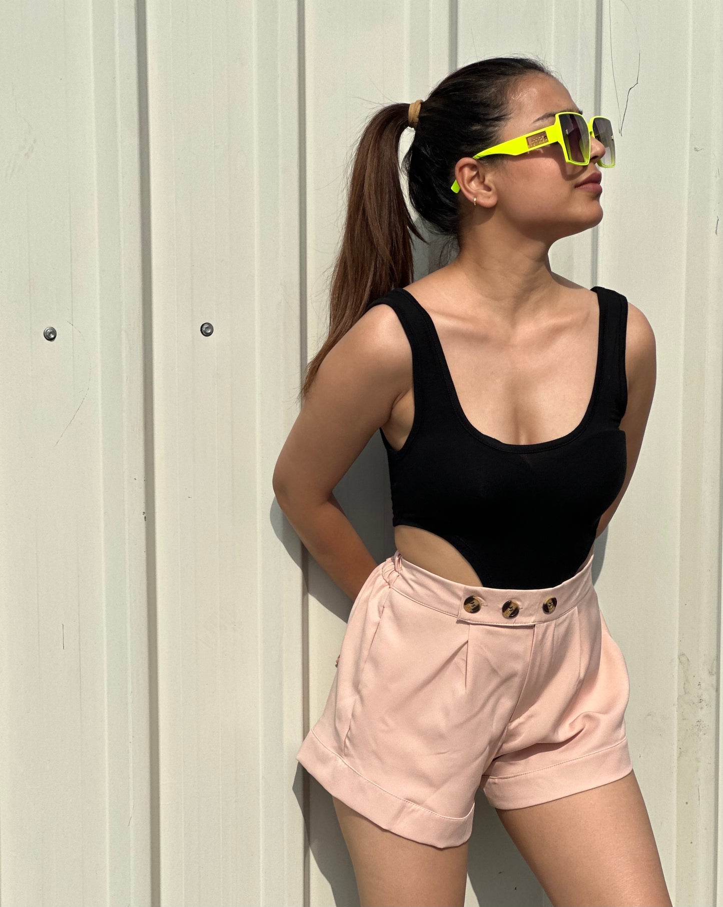 Black Bodysuit With Wide Leg Hot Pants/Shorts