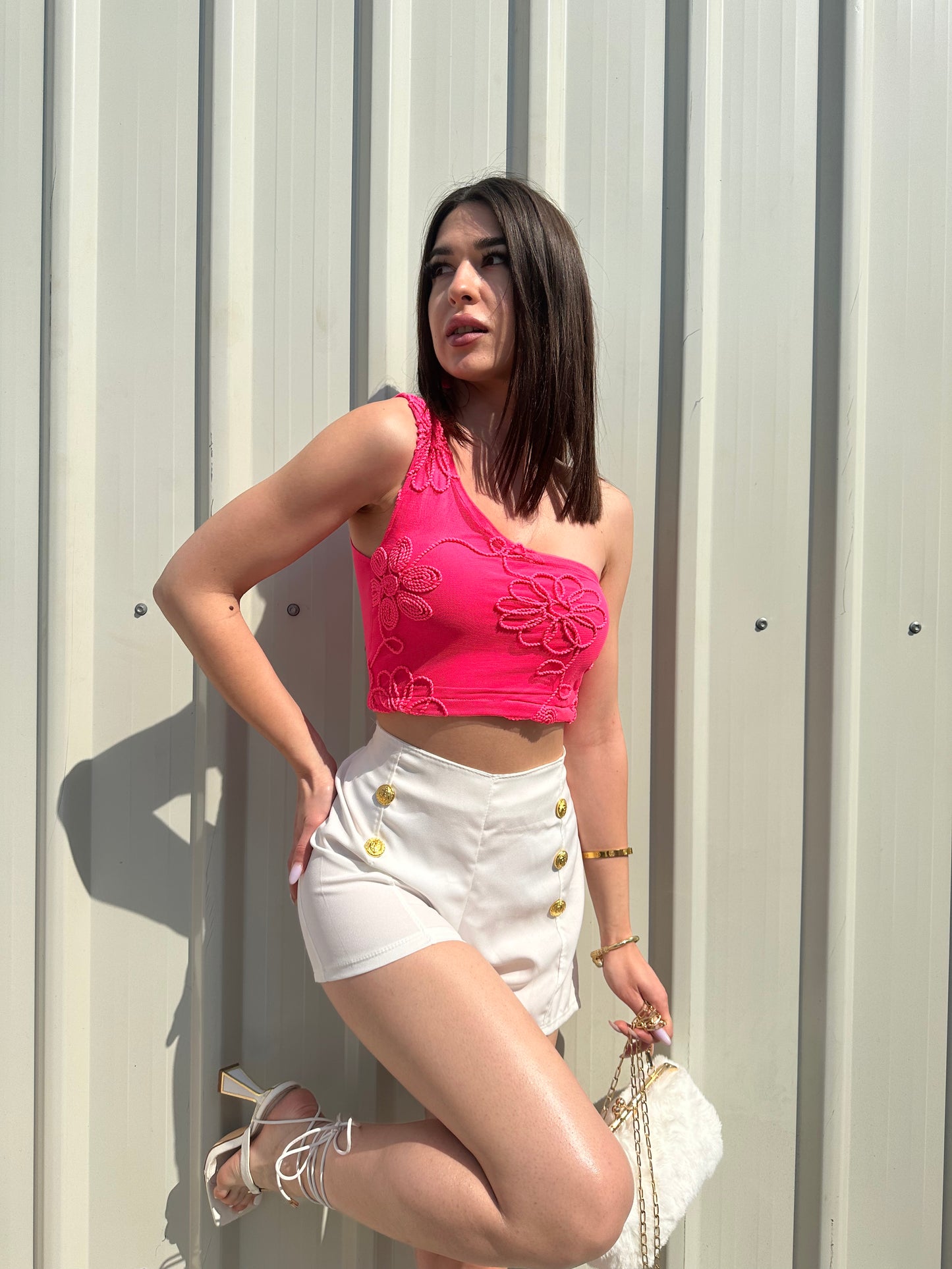 Combo Deal: Pink One Side Off Top With Button Detail Shorts