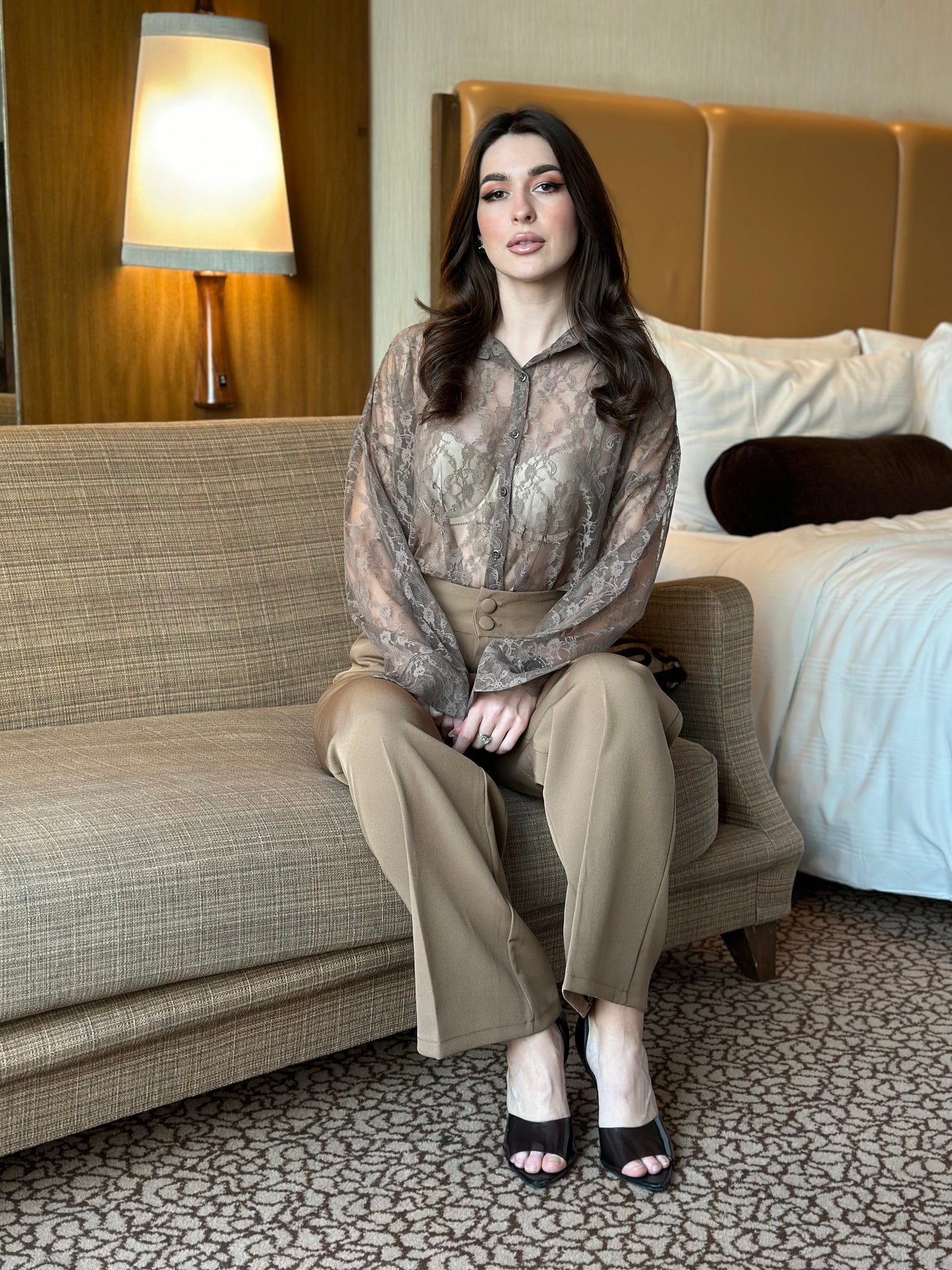 Lace See Through Shirt With Beige Pants
