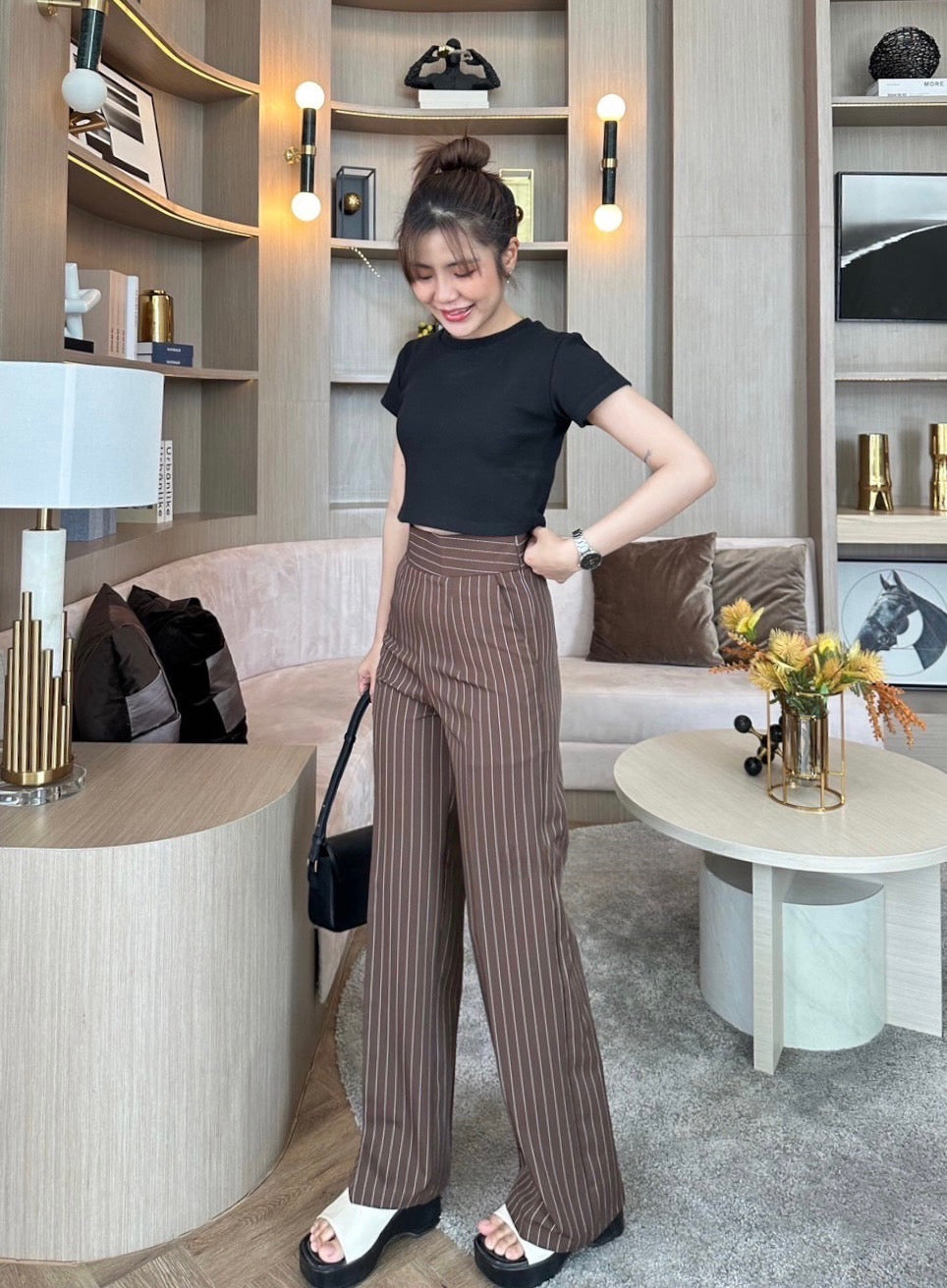 Brown Pinstripe Side Zipper Pants