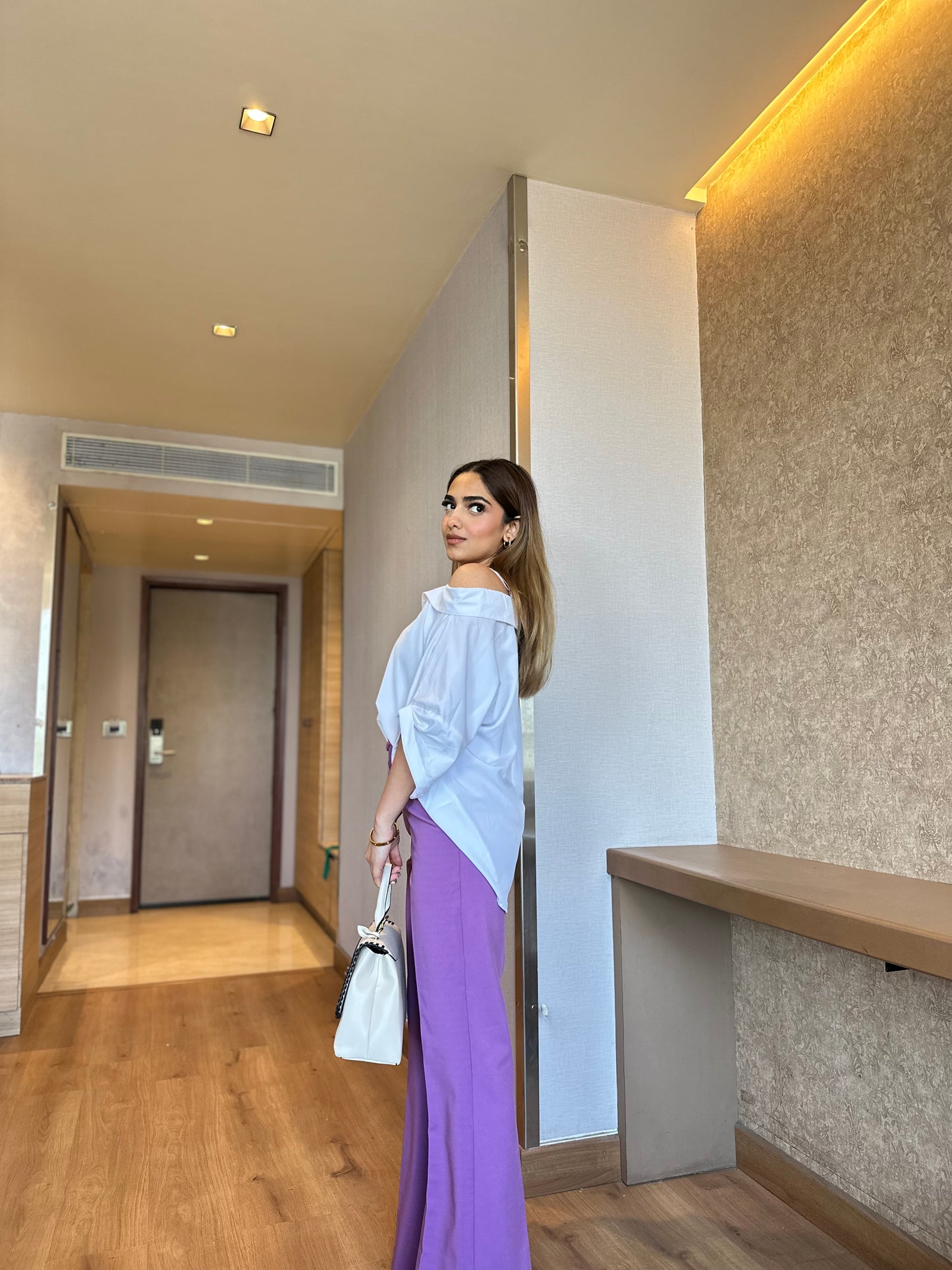 Set Of Off-Shoulder Shirt With Lilac Pants