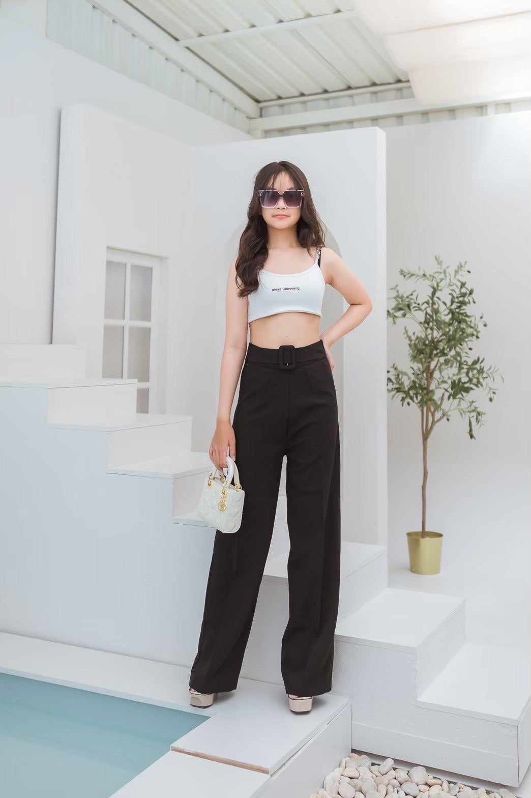 Wide Leg Belt Attached High Waist Pants
