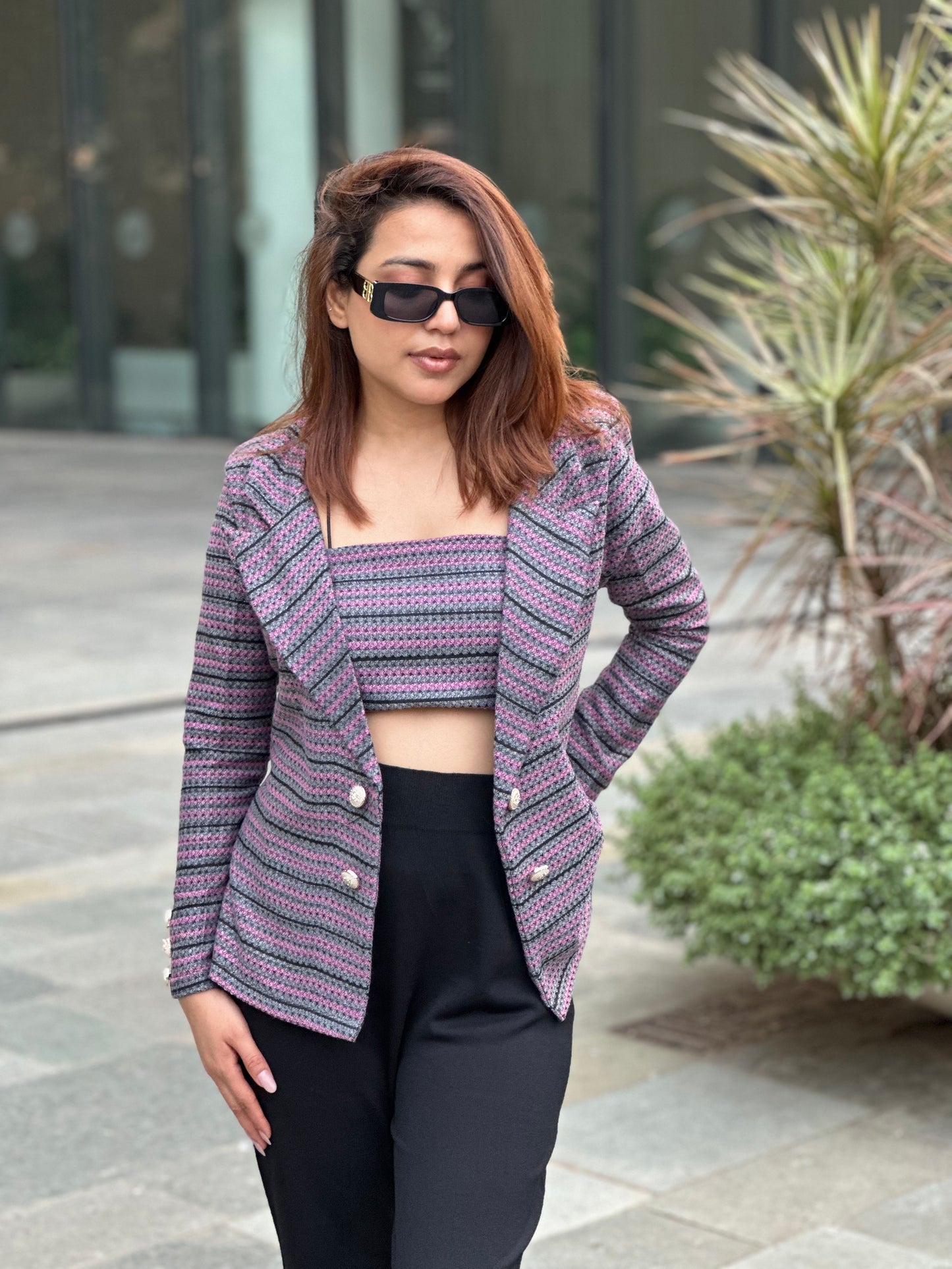 Tweed Open Blazer With Backless Top