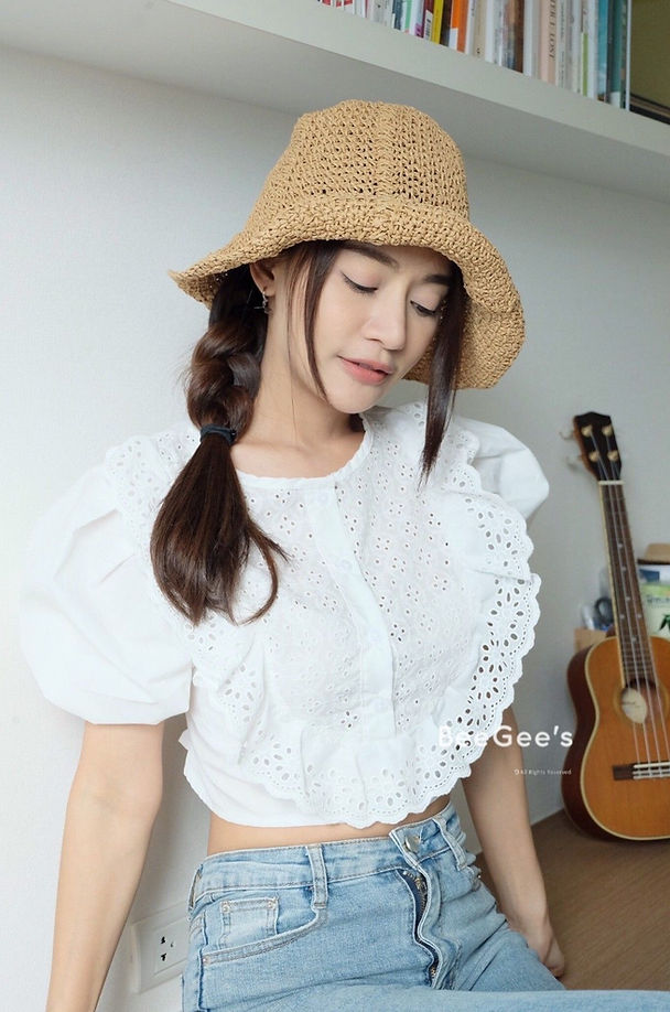 White Cotton Eyelet Cropped Shirt