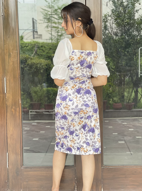 White Floral Square Neck Midi Dress