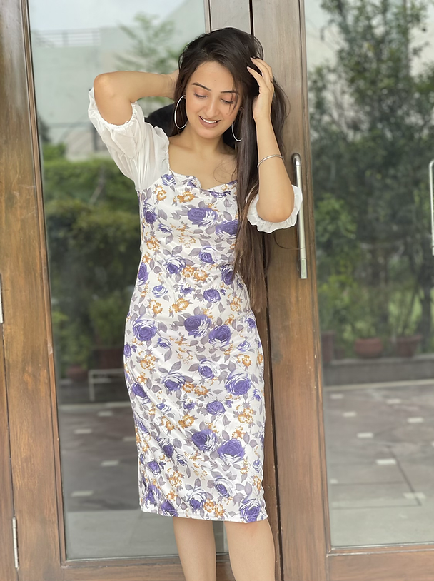White Floral Square Neck Midi Dress