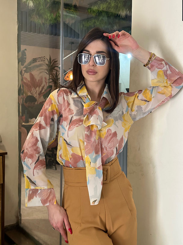 Floral Georgette Button Down Shirt With Scarf