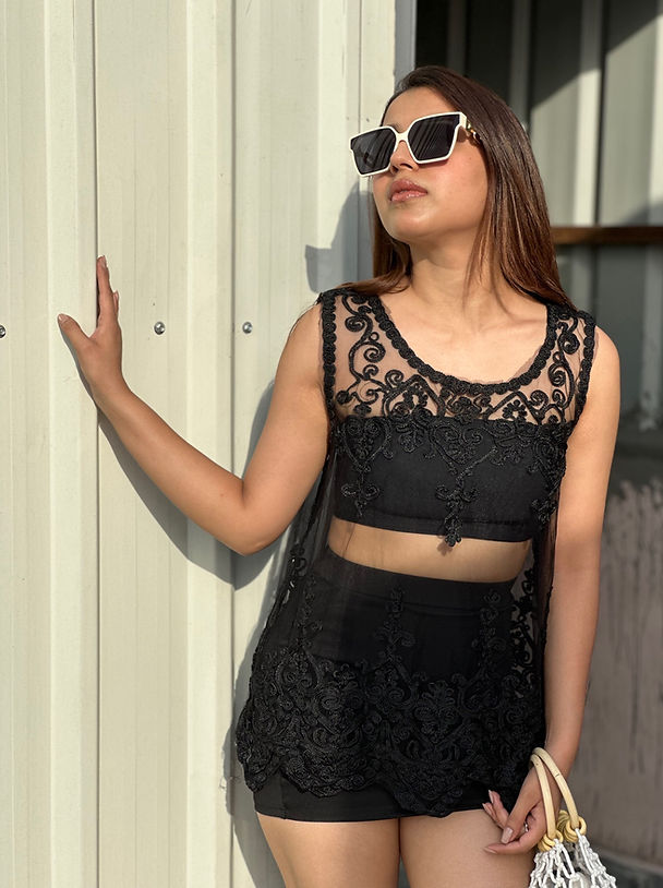 Mesh Embroidered Tunic Top With Skirt