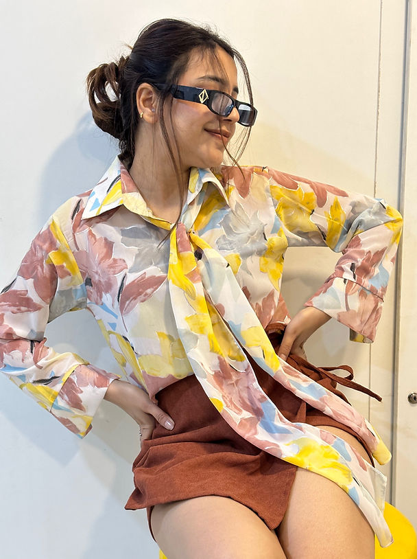 Floral Georgette Button Down Shirt With Scarf