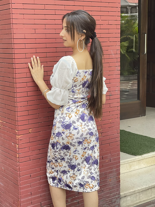White Floral Square Neck Midi Dress