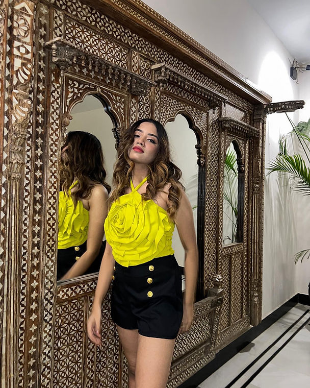 Combo Deal: Yellow Rose Halter Neck Top With Black Shorts