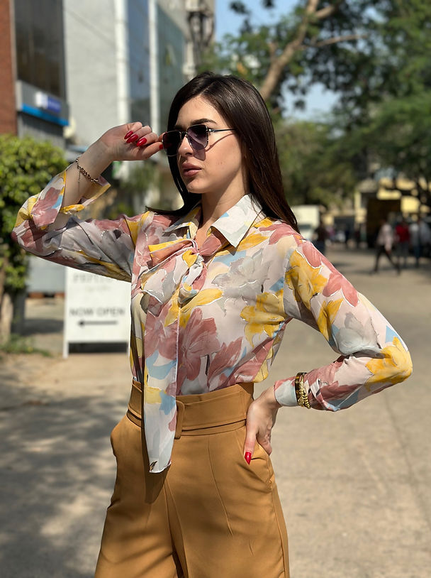 Floral Georgette Button Down Shirt With Scarf